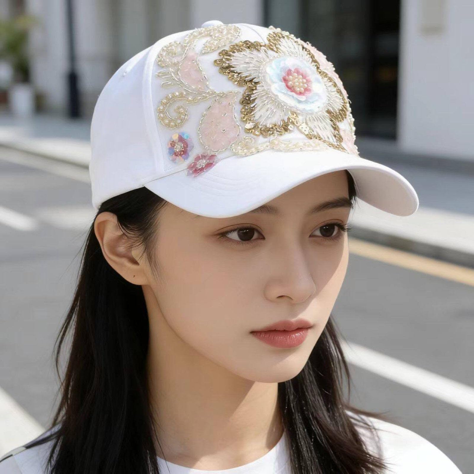 Cappellino Da Baseball Da Donna Con Paillettes Scintillanti Ricamo Floreale Paillettes Glitterate Moda Regolabile Estivo in Raso Cappello Da Sole