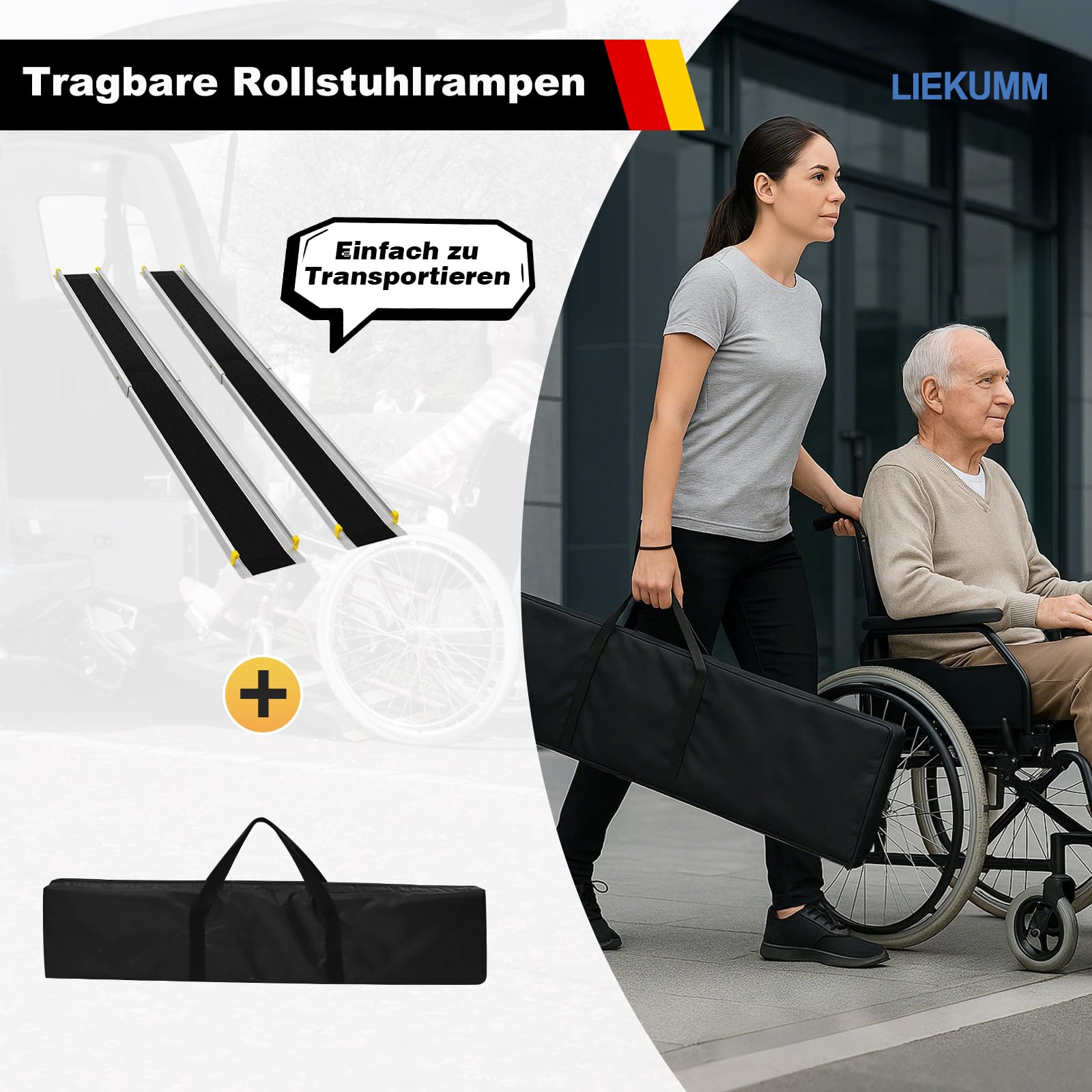 LIEKUMM 2X Teleskop Rollstuhlrampe 105–183 cm, 300 kg Tragkraft | Teleskoprampe für Rollstühle, Scooter, Elektrorollstühle, Türschwellen und Fahrräder, 3-fach verstellbar, mit Tragetasche