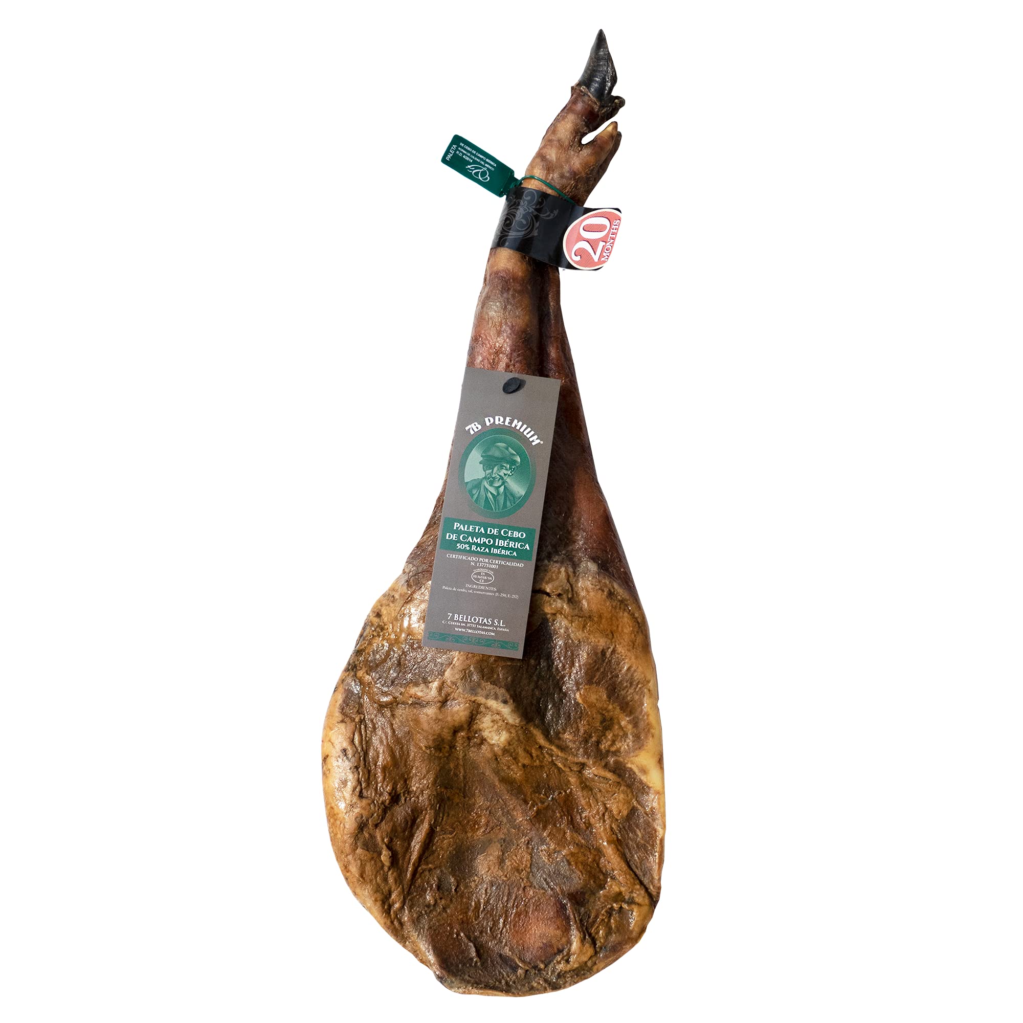 Paleta de Jamón ibérico 7B PREMIUM | Paleta de Cebo de Campo 50% Raza Ibérica | Paleta ibérica de Pata Negra con 20 Meses de Curación Natural