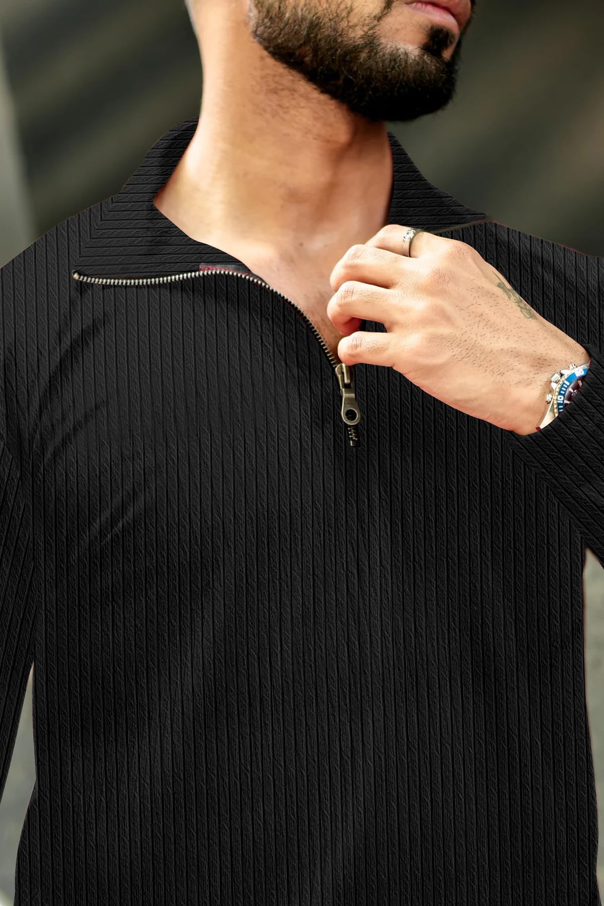 KAJARU Men's Quarter Zip Pullover T-Shirt, Cable Knit Pattern, Full Sleeve (in, Alpha, XL, Black) - Image 9 thumbnail