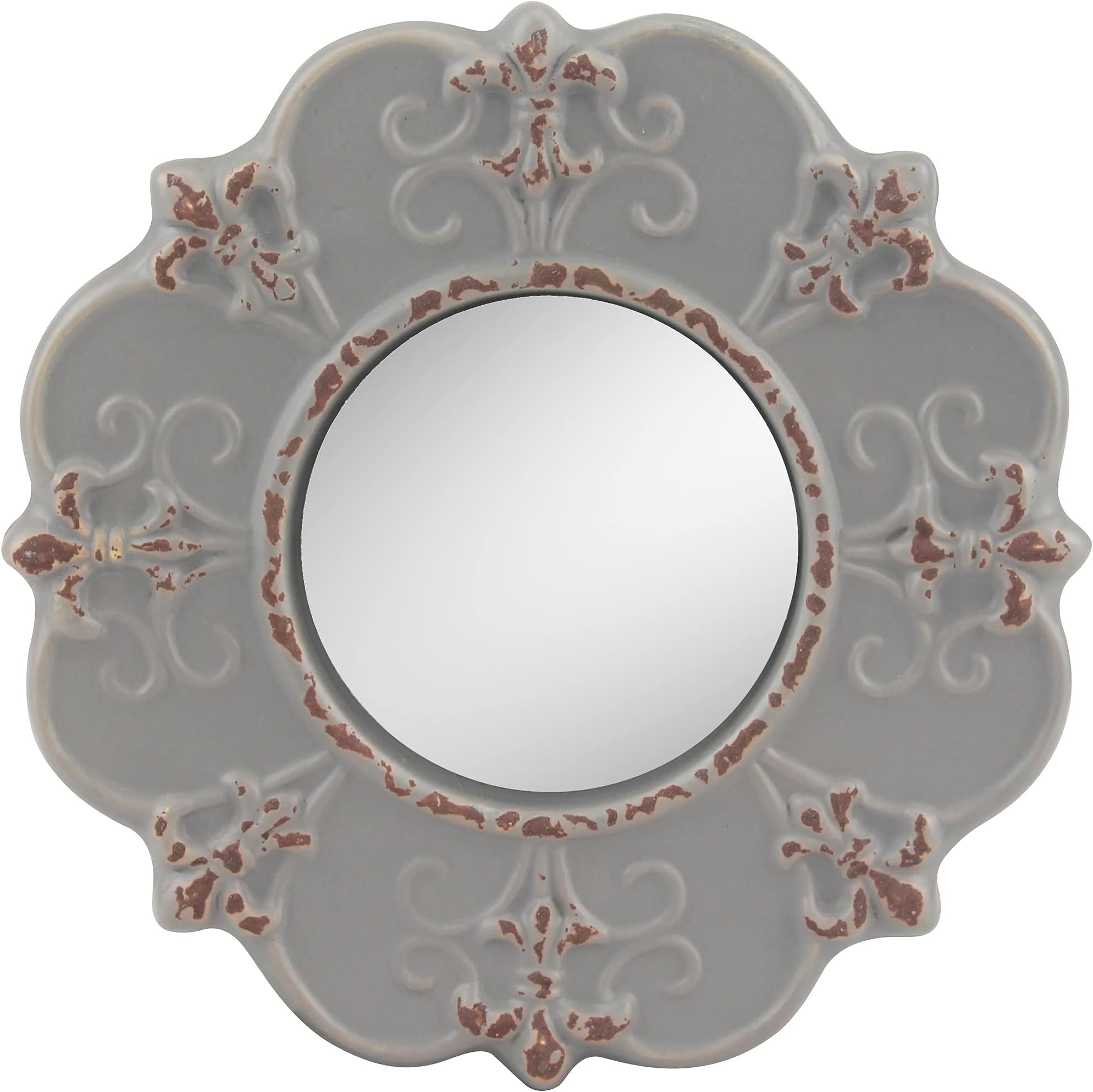 8" Round Light Gray Ceramic Accent Wall Mirror with Attached Hanging Loop, Decorative Vintage Decor for the Living Room, Bedroom, Hallway, and Entryway