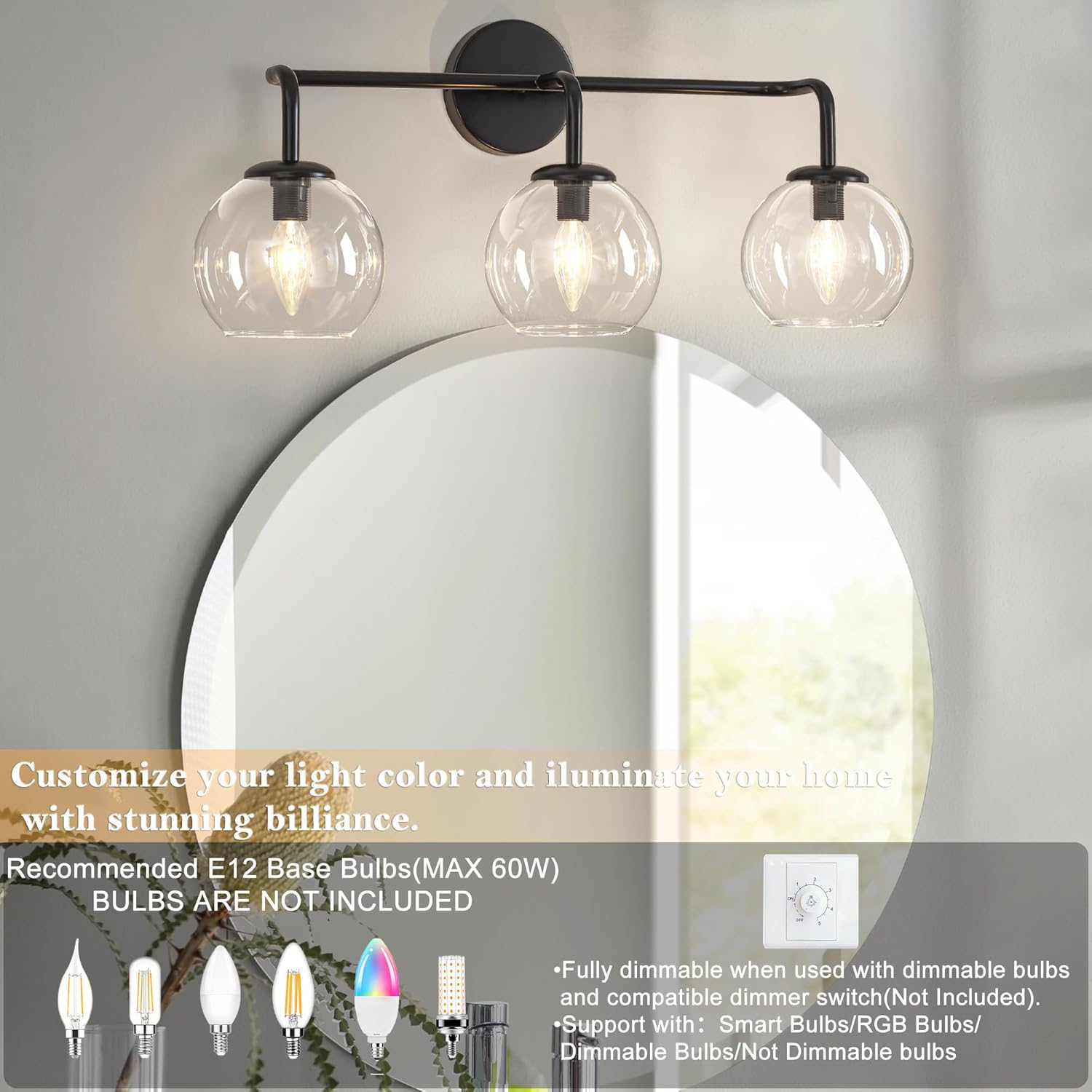 3-Light Industrial Vanity Light Fixture, Matte Black Farmhouse Globe Glass Bathroom Wall Sconce Lighting