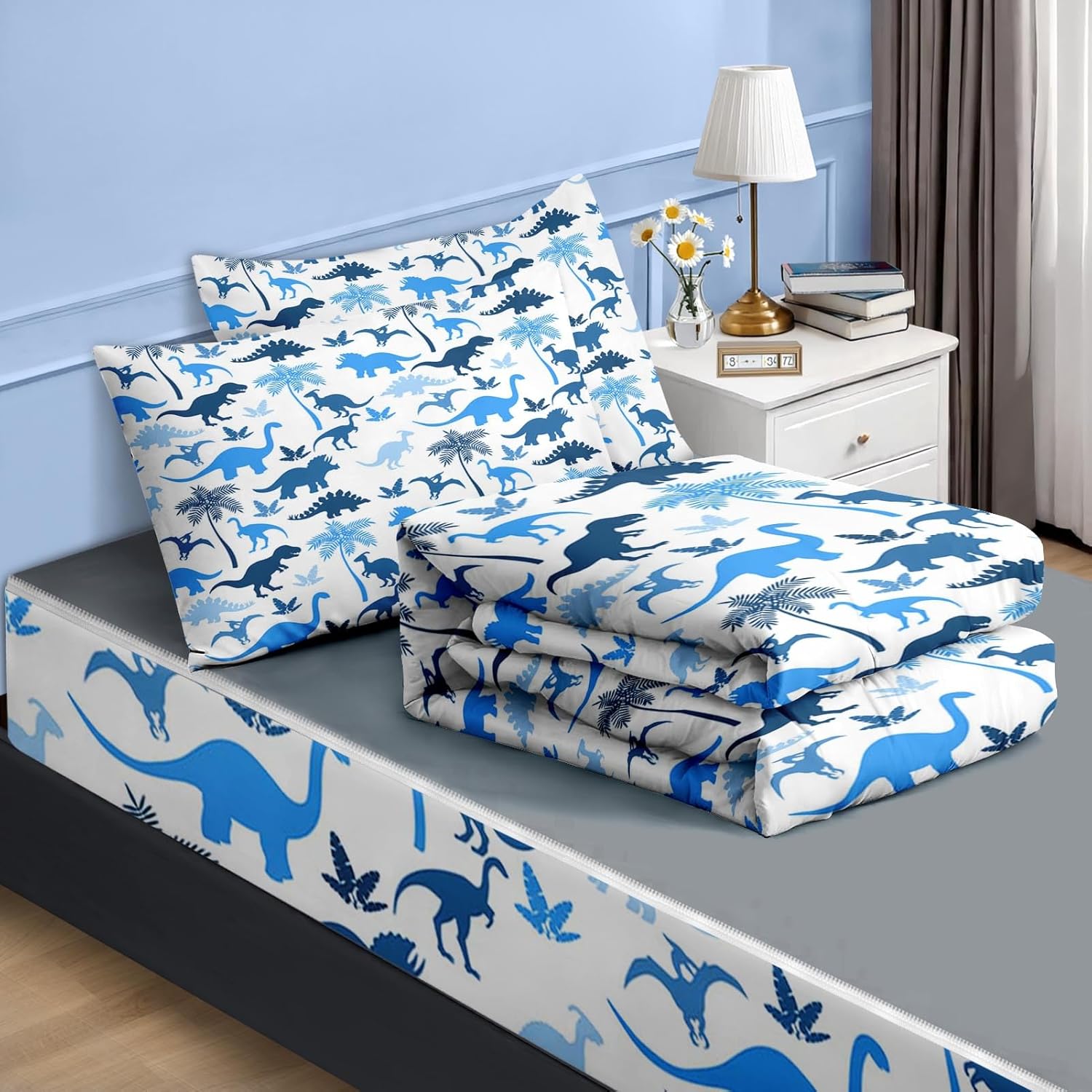 Nesker Zipper Bedding Twin Blue Dino Dinosaur, Zip Up Bedding Set for Boys and Kids, Wildlife Palm Tree 3 Pcs Comforter Bed in a Bag with Fitted Sheet and 2 Pcs Pillowcases - Image 2
