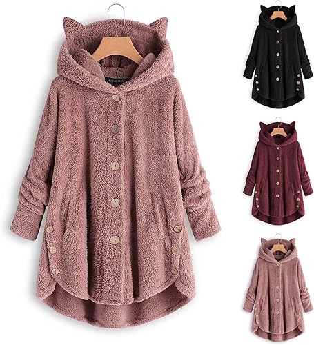 Miniatura 5 de Qeaghou Abrigos de invierno para mujer, lindos gatos, chaqueta gruesa y cálida con capucha de manga larga, abrigos de forro polar mullido con botones