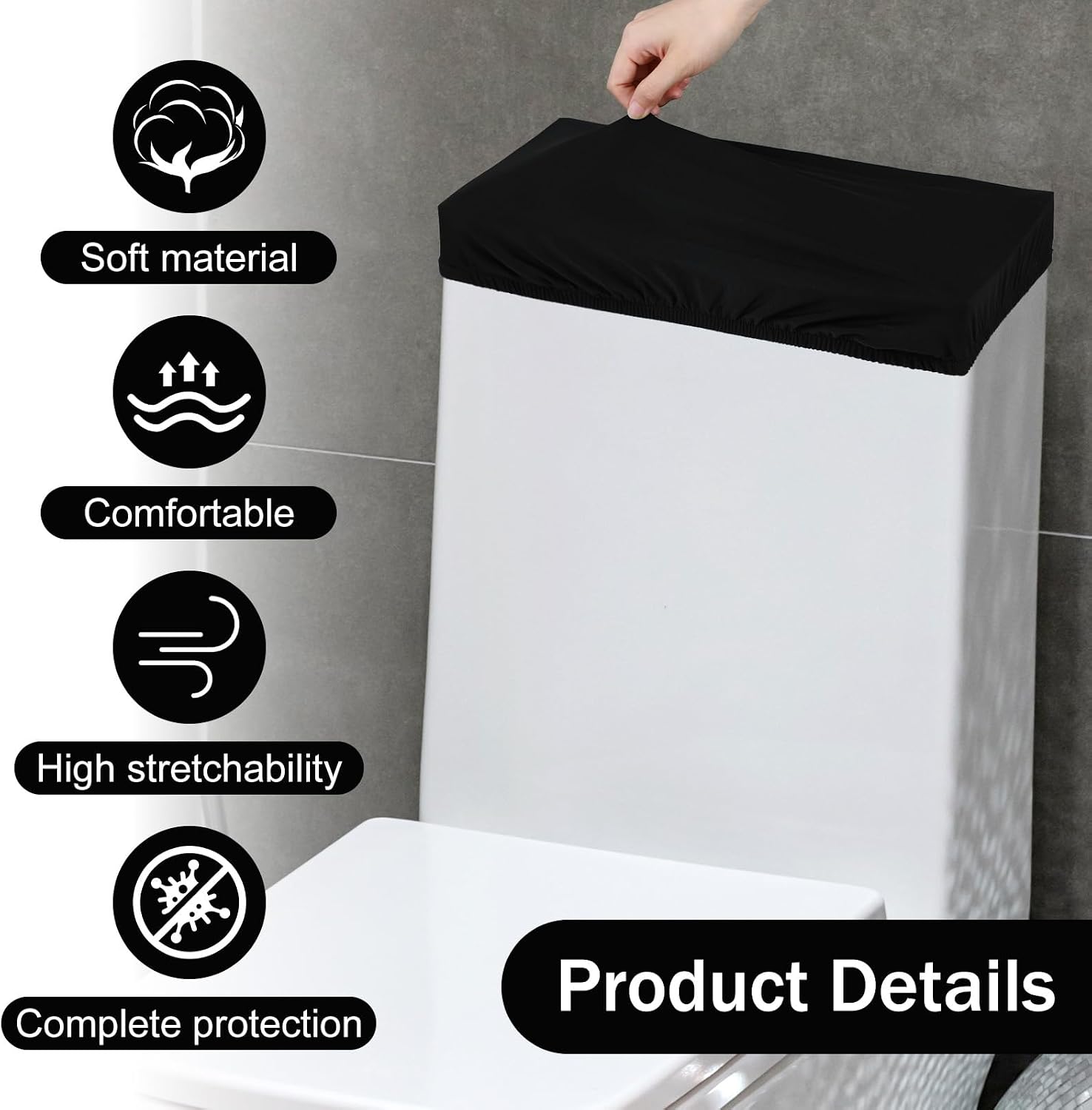 2PCS Toilet Tank Cover, Toilet Top Cover Universal Toilets Tank Lid Covers Soft and Absorbent Replacement with Elastic Bottom for Bathroom Decor Accessories (Black)