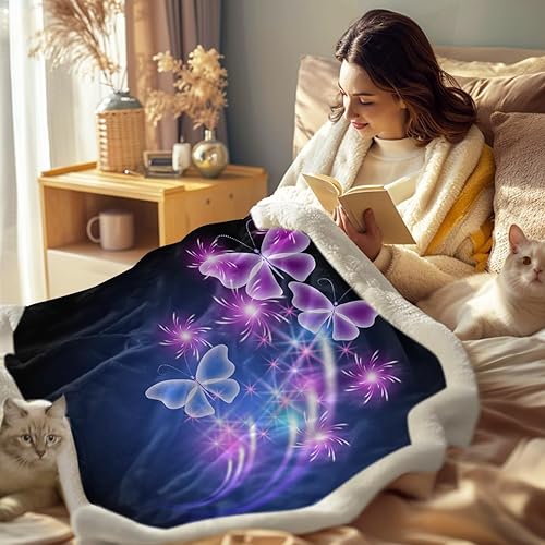 Miniatura 3 de Sleepwish Manta de mariposa morada, suave manta de vellón azul con mariposas, manta de felpa, manta de sherpa, tamaño individual (60 x 80 pulgadas)