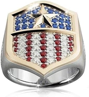 American Flag Ring for Men, Patriotic Ring with Red and Blue Cubic
