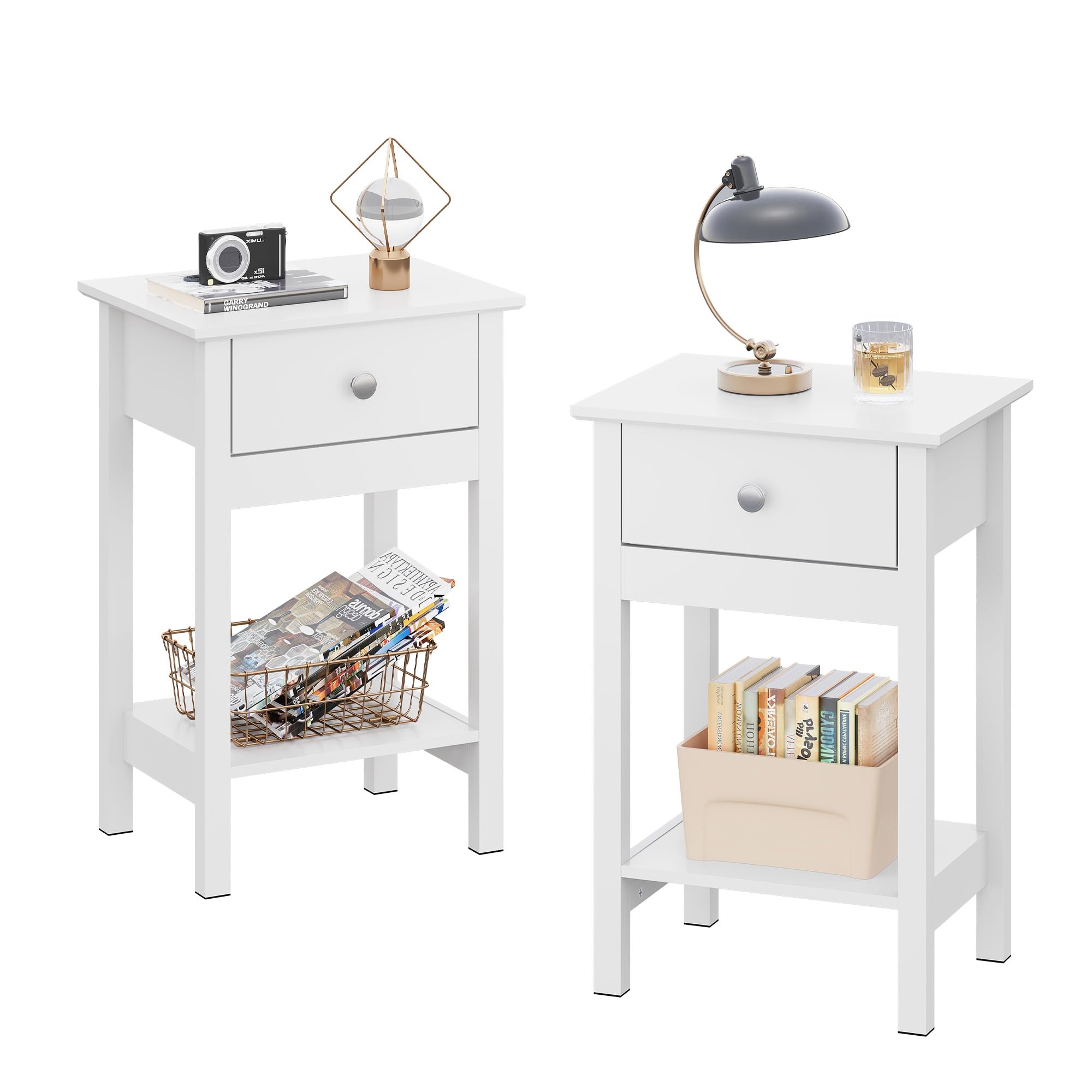 WLIVE Wooden Bedside Table, Nightstand with Shelf Drawer, Wooden Side Sofa Tables, for Small Spaces, End Tables for Living Room, Bedroom (2, White)