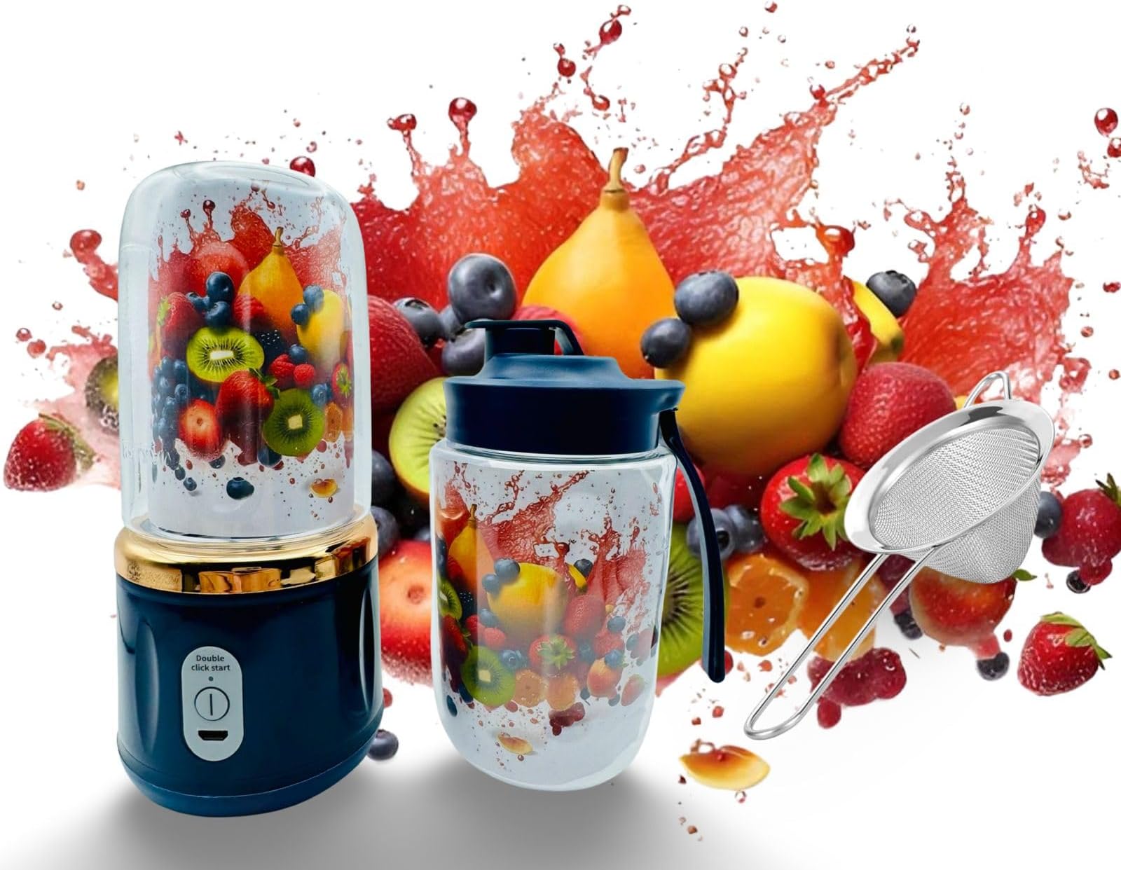 Portable Mini Blender With 6 Stainless Blades, Cup And Mesh Strainer. Holds 400ml With Micro-USB Charger. Perfect For Shakes And Smoothies On-The-Go. (Dark Blue)