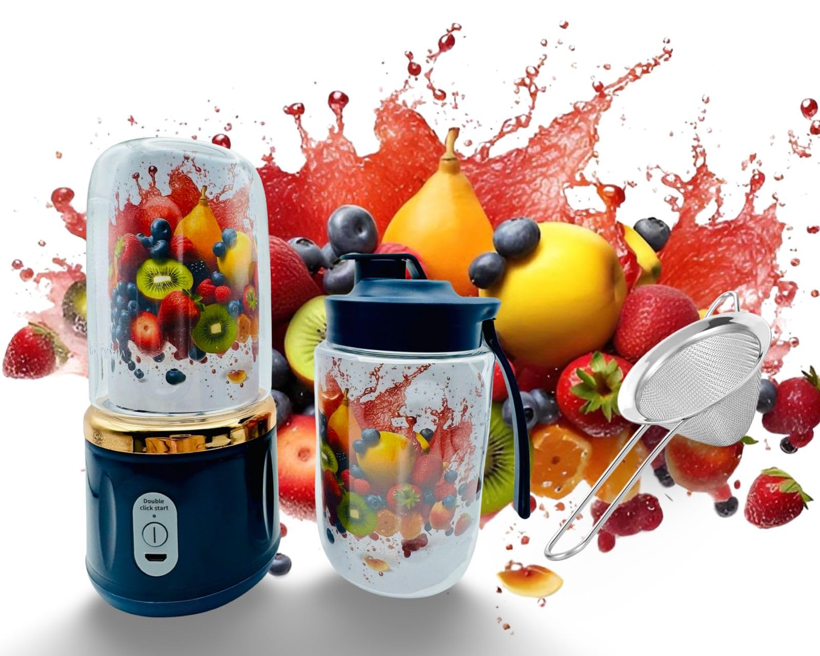 Portable Mini Blender With 6 Stainless Blades, Cup And Mesh Strainer. Holds 400ml With Micro-USB Charger. Perfect For Shakes And Smoothies On-The-Go. (Dark Blue)