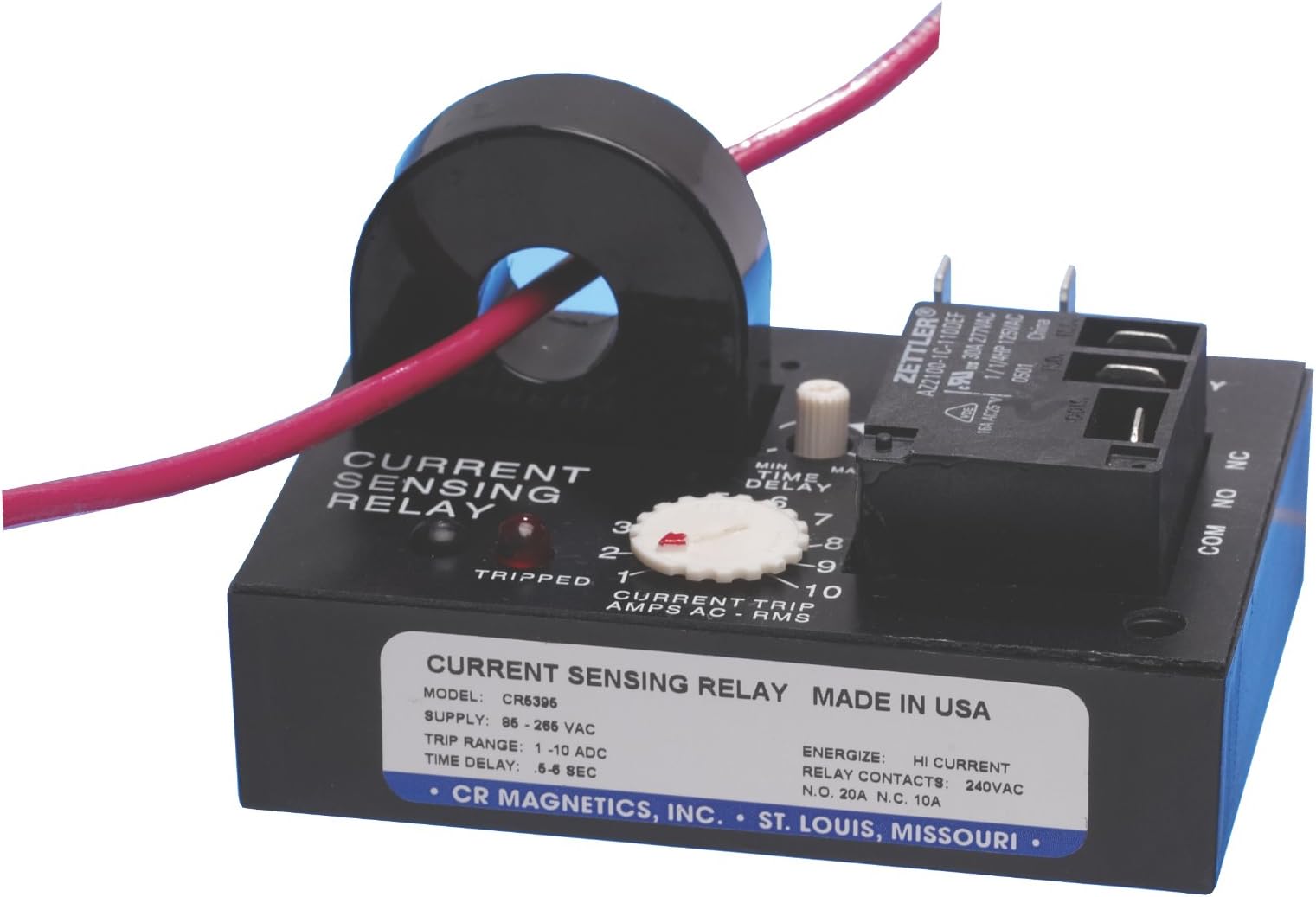 CR Magnetics CR4395-EH-120-660-B-CD-ELR-I Current Sensing Relay with Internal Transformer, 120 VAC, Energized on High Trip, 6 - 60 AAC Trip Range, 2 - 25 Second Trip on Delay