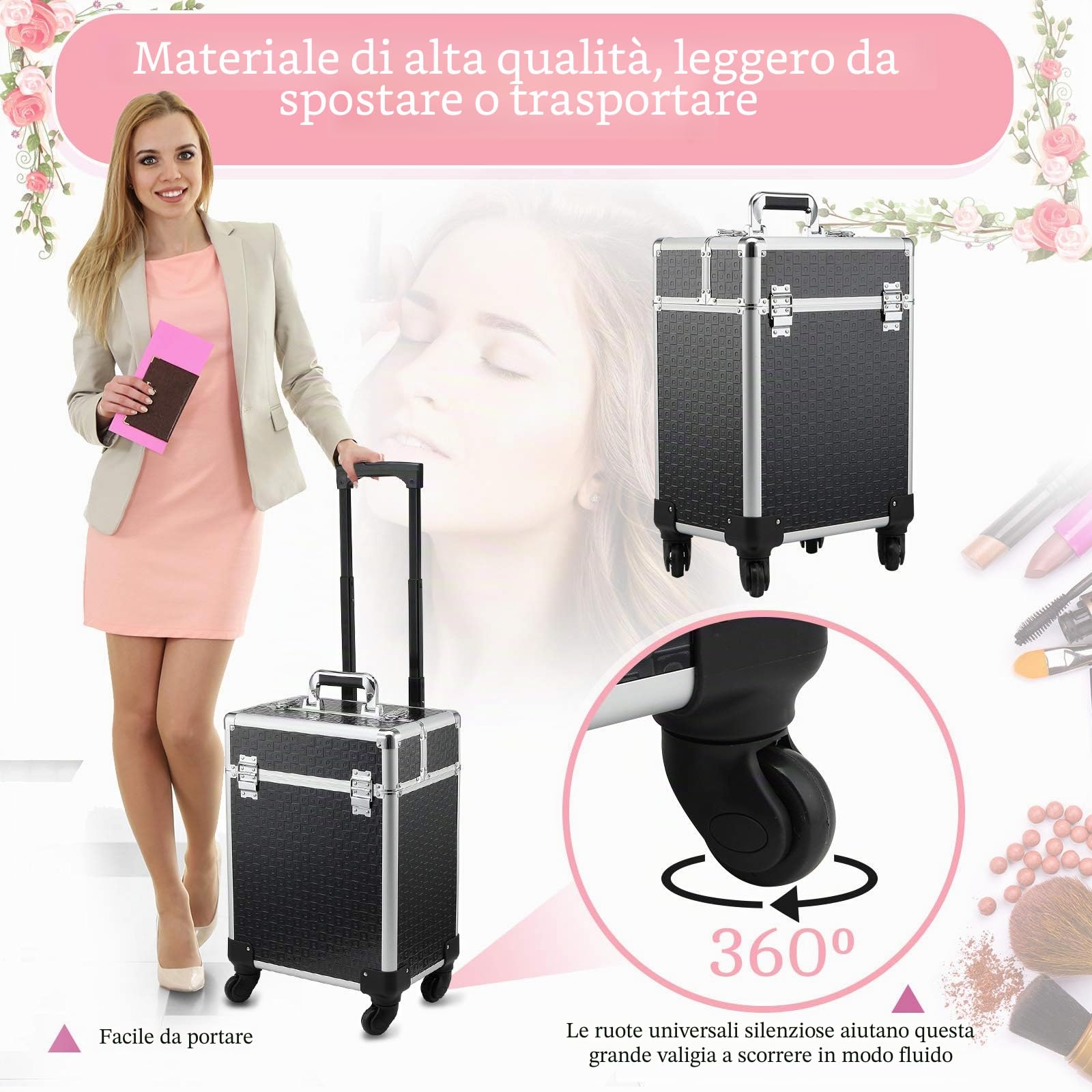 HOMCOM Valigia Trolley Trolley Trucco Valigetta cosmetica Vanity manico telescopico regolabile 34L x 24L x 52H cm alluminio. nero