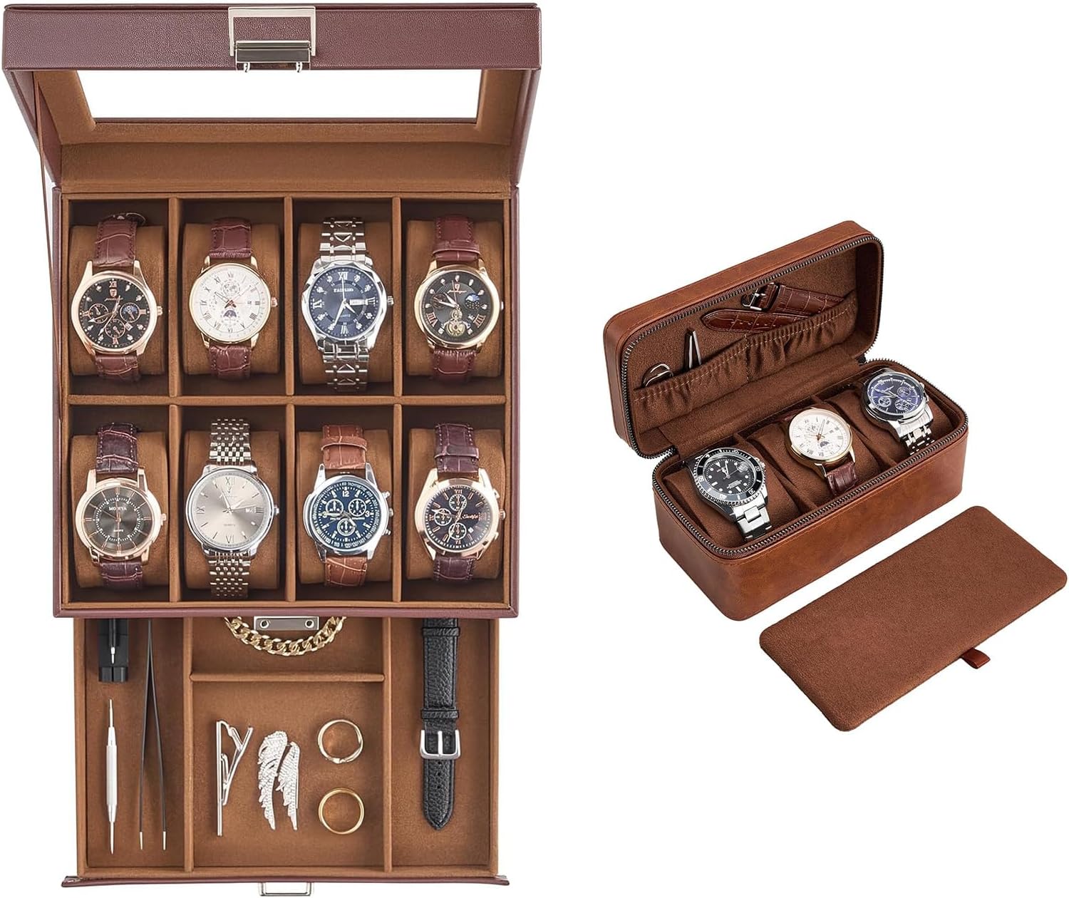 ProCase Espresso 8 Slot Watch Case and Brown 3-Slot Watch Travel Case Bundle, 2-Layer Watch Display Organizer, Glass Lid Jewelry Storage Drawer, Portable PU Leather Watch Holder