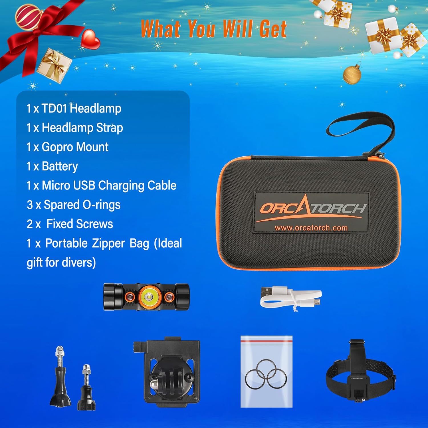 ORCATORCH TD01 Diving Headlamp 1200 Lumens Scuba Dive Light 5 Modes Dual-Color (White/Red) Professional Underwater 150M Headlight, IP68 Waterproof Flashlight for Caving Snorkeling Spearfishing