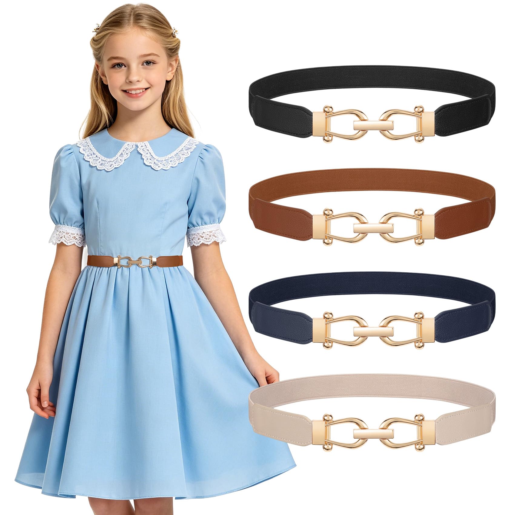 JASGOOD 4 Pack Elastic Kids Belts for Girls Stretchy Thin Toddler Waist Belts for Dresses Jeans School Uniform Casual