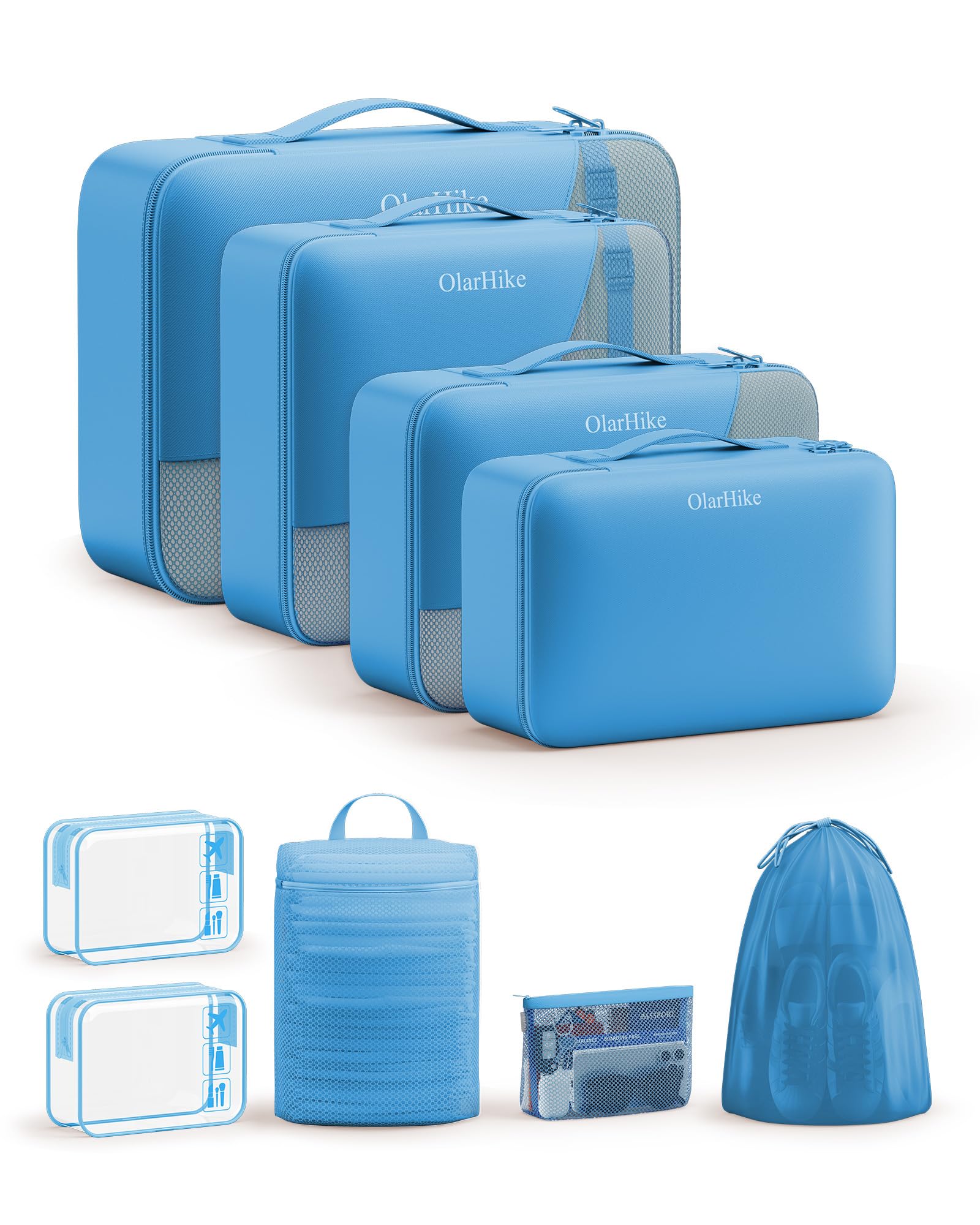 OlarHike Packing Cubes for Travel,Gifts for Women Mom,Anti-Tearing Suitcase Organizer for Luggage with Shoe &amp; Hanging Toiletry Bag,Vacation Essentials &amp; Accessories for Cruise Ship,9 Set,Azure Blue