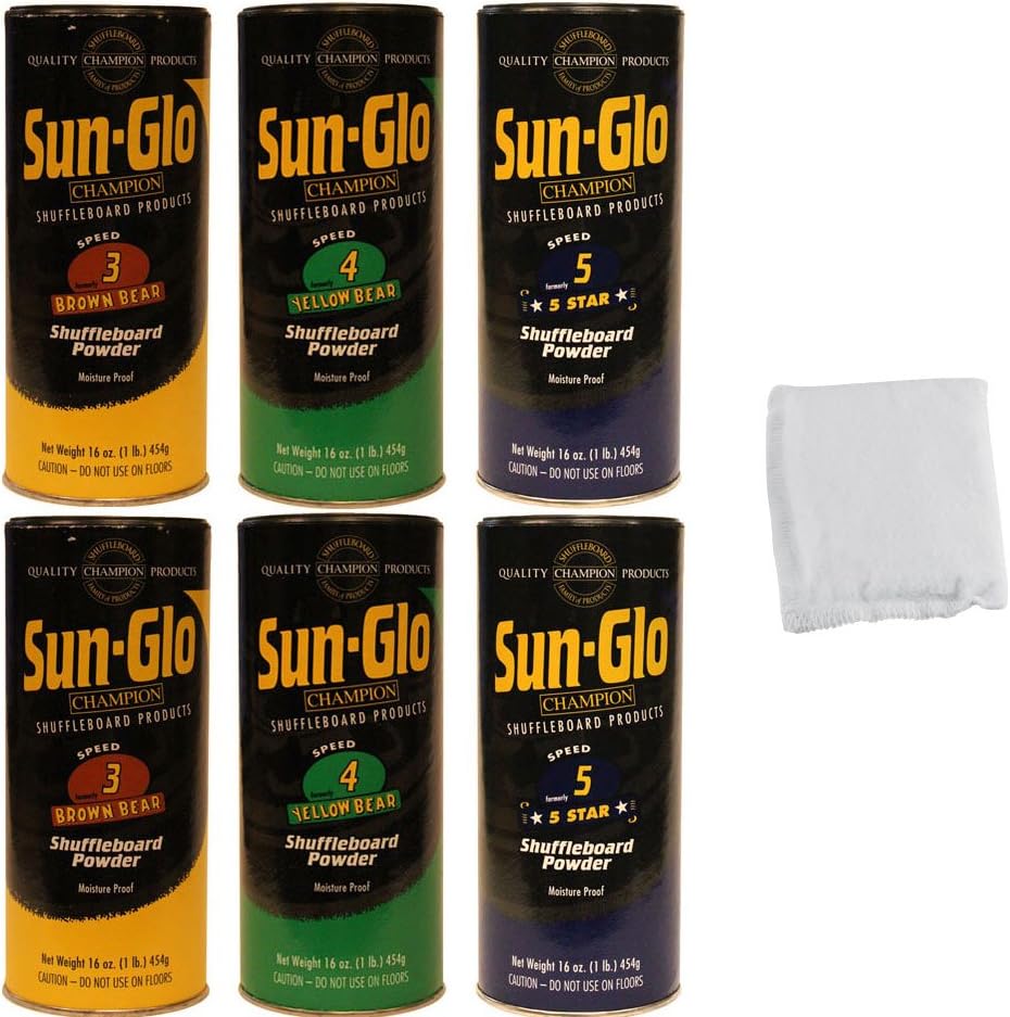 Table Shuffleboard Powder Wax Dust - Sun-Glo Medium Sampler Six-Pack + Talc for 14 - 18 Foot Tables