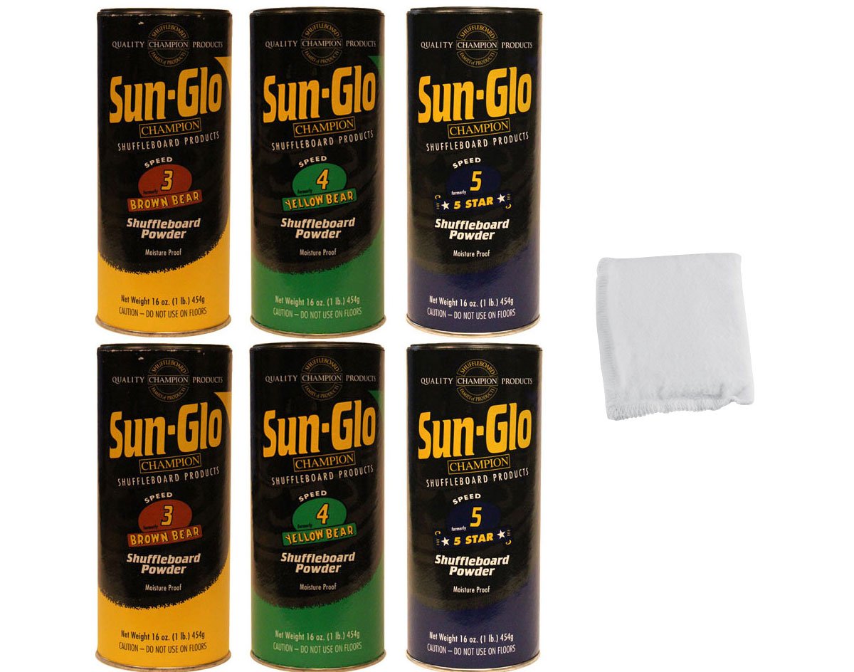Table Shuffleboard Powder Wax Dust - Sun-Glo Medium Sampler Six-Pack + Talc for 14 - 18 Foot Tables