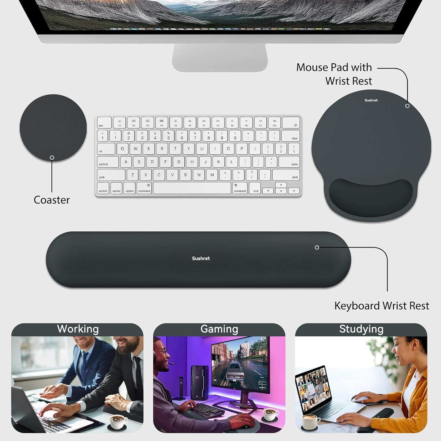 Sushret Mouse Pad and Keyboard Wrist Rest, 3-in-1 Gel Memory Foam Ergonomic Mouse Pad with Wrist Rest Set, Gaming Mousepad Arm Cushion Support for Computer Office Desk Accessories Cute Setup, Charcoal