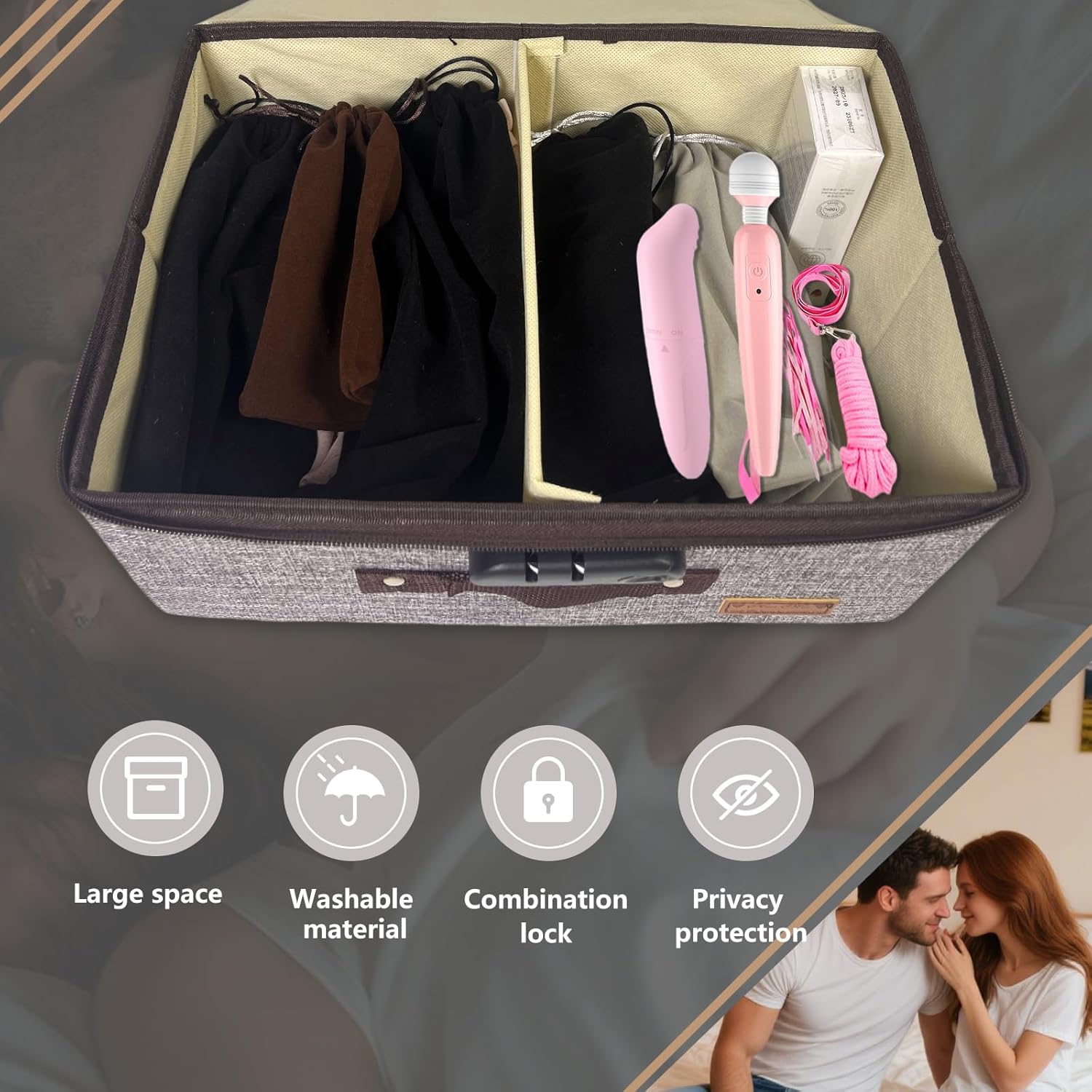 IZEO Lockable Adult Toy Storage Organizer Lock Box Toy container case with 4 Drawstring Bags, Large capacity 14 x 10 x 6.3 Inches Lockable Box Travel Home Container (Gray)