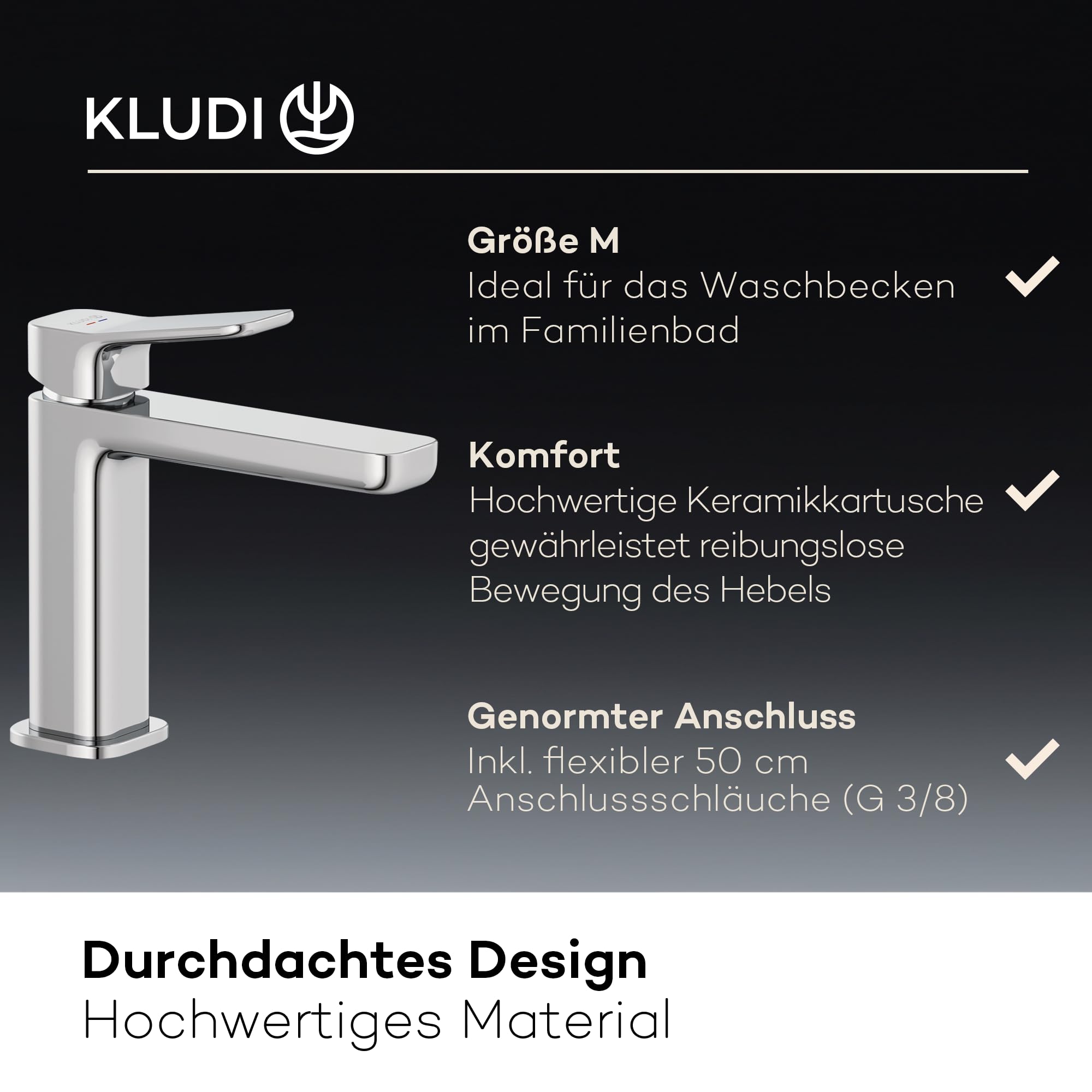 KLUDI-X3 Waschtischarmatur mit Push-Open Ablaufgarnitur, Auslaufhöhe 110 mm, wassersparender Wasserhahn Bad Größe M, Keramikkartusche, Mischbatterie Waschbecken inkl. Anschlussschläuche in Chrom