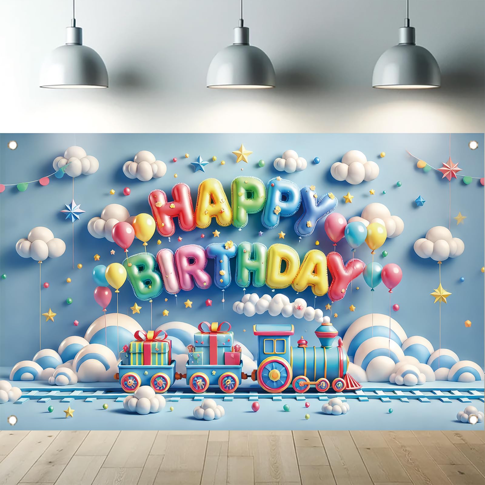 Starlit Patio Transportation Birthday Party Decorations Traffic Backdrop Photography Background Train Happy Birthday Banner Backdrop Cloud Balloon