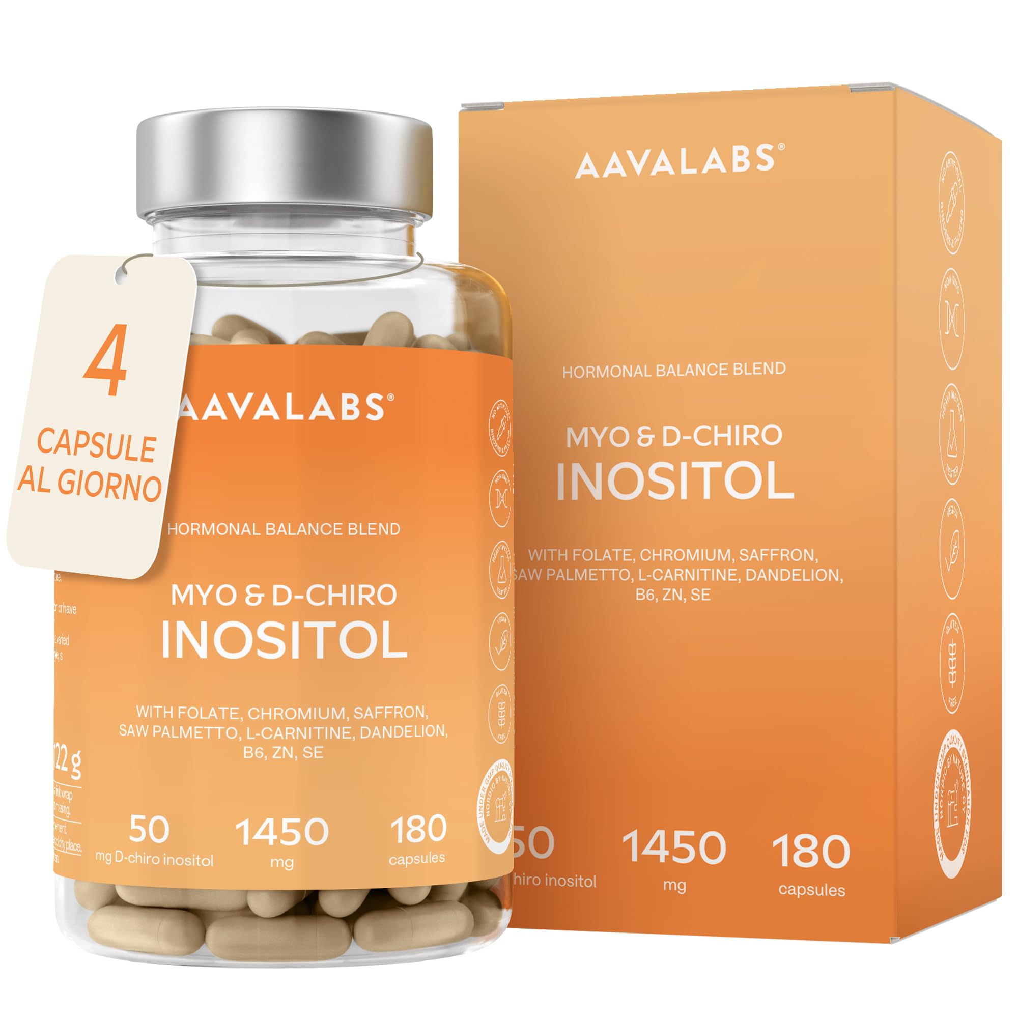 Myo Inositolo e D-Chiro Inositolo Integratore 1450mg | Equilibrio Ormonale e Supporto Metabolico Femminile con Tarassaco Zafferano Acido Folico Cromo Zinco Selenio Vitamina B6-180 Capsule Vegane
