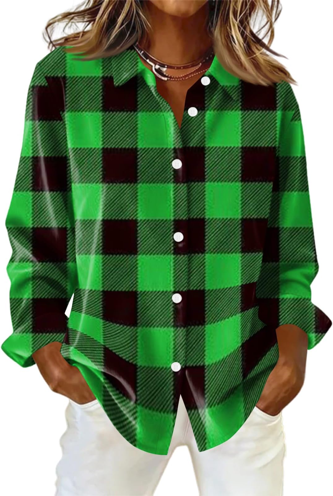 Women's Plus Size Plaid Flannel Shackets Long Sleeve Button Down Collared Overshirts 2026 Y2K Going Out Tops