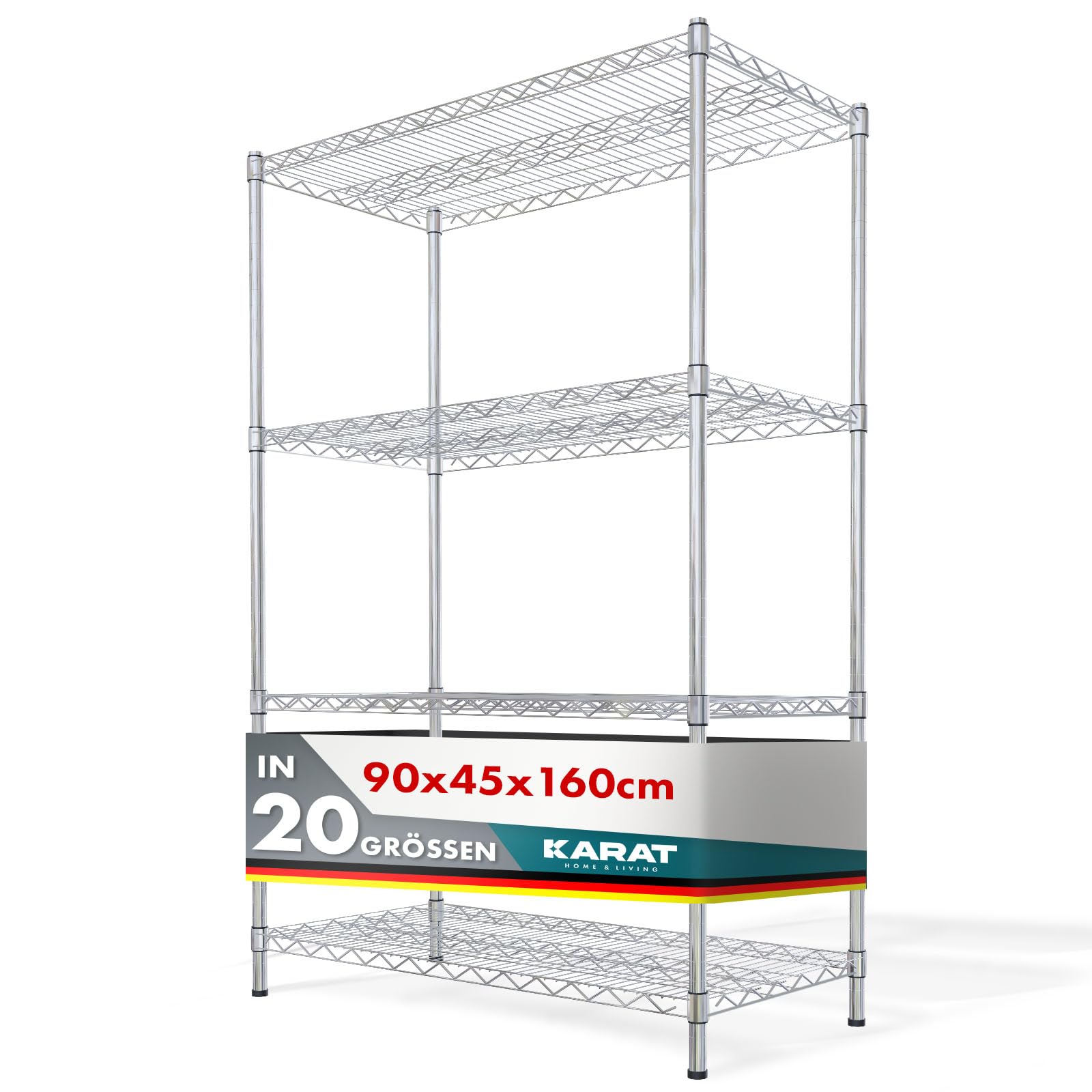 KARAT Metallregal dekoratives & Robustes Lagerregal, Kellerregal für Bad, Küche, Büro, Wohn- und Außenräume (90x45x160-chrome-everest ⌀ 22mm)