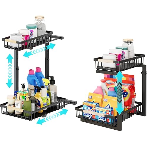Under Sink Organizer, 2 Packs 2 Tier Under Sink Organizers and Storage, Slide out Pull out Cabinet Organizer Shelf, Metal Sliding Drawer for Kitchen Bathroom Pantry Cabinet Closet Organization Rack