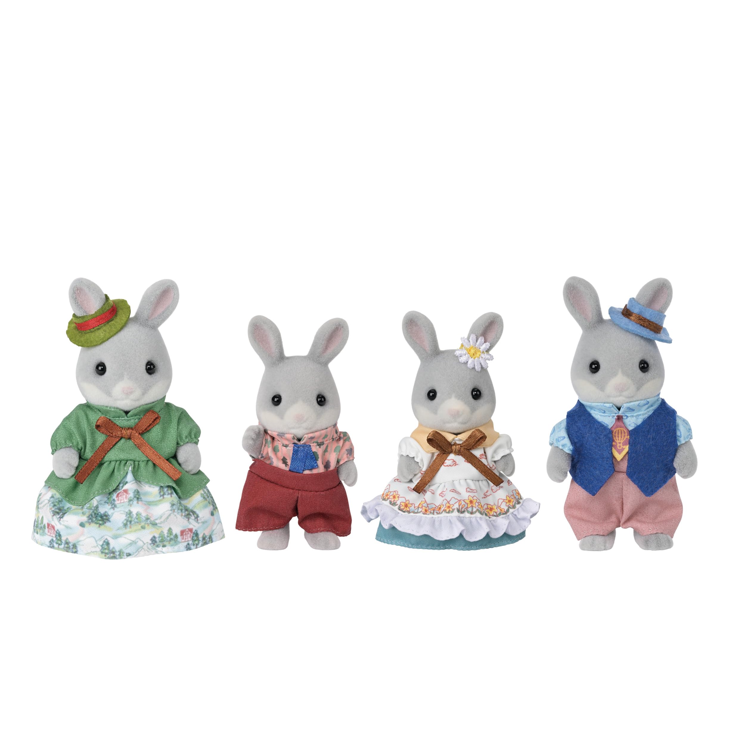 Cottontail Rabbit Family - Collectible Dollhouse Figures | Fluffy-tailed flocked bunnies dressed for village life - a poseable family for garden parties and bedtime story play, Ages 3+