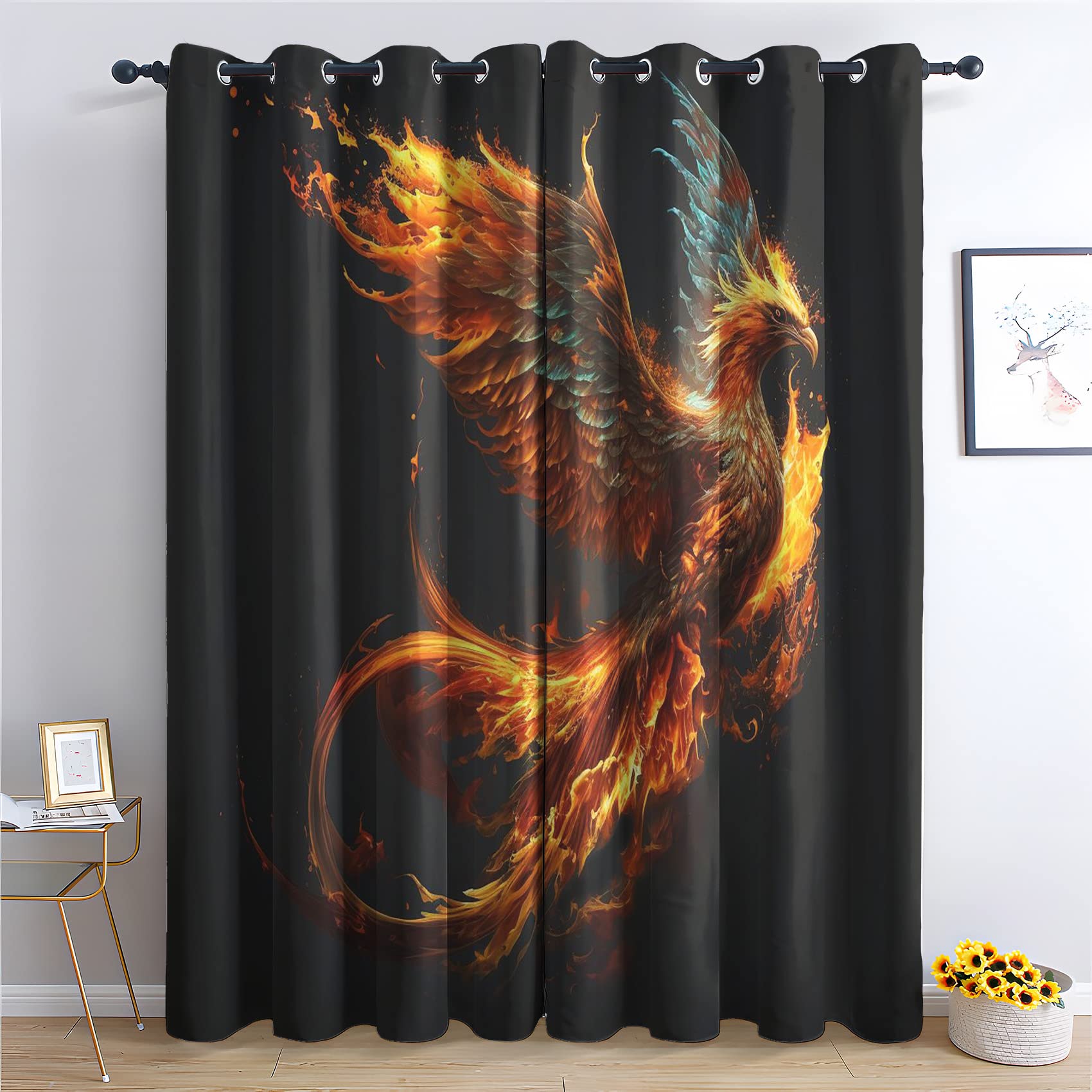Thyunq Black/Light Phoenix Curtains For Bedroom Living Room, Out Curtains 84 Drop - Thermal Insulated Eyelet Drapes, Patterned Window Treatments, 52X84 Inch (W X L), 2 Panels