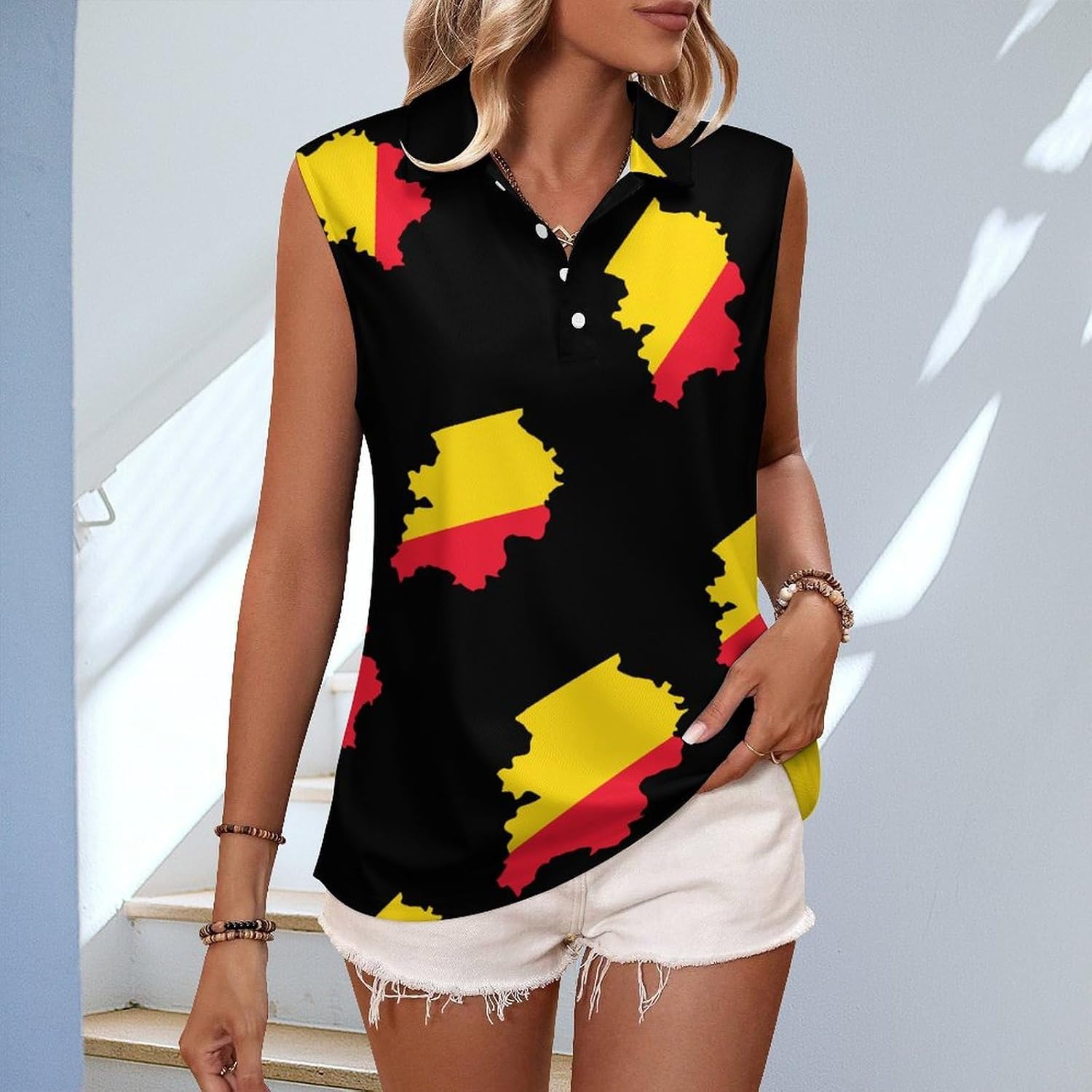 Belgian Map Flag Womens Golf Shirts Sleeveless Polo Shirts Collared Tank Tops