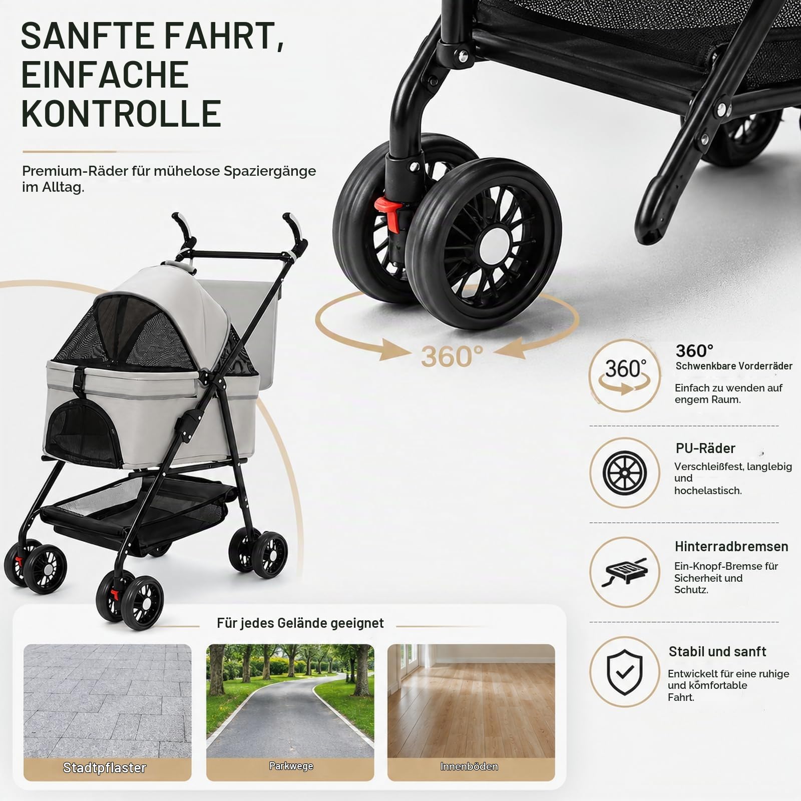 Haustierbuggy bis 20 kg, faltbar, mit Transportkorb, Schwarz | Für kleine Hunde und Katzen; mit Belüftungsfenstern und Stauraum, komfortabel für Spaziergänge und Reisen