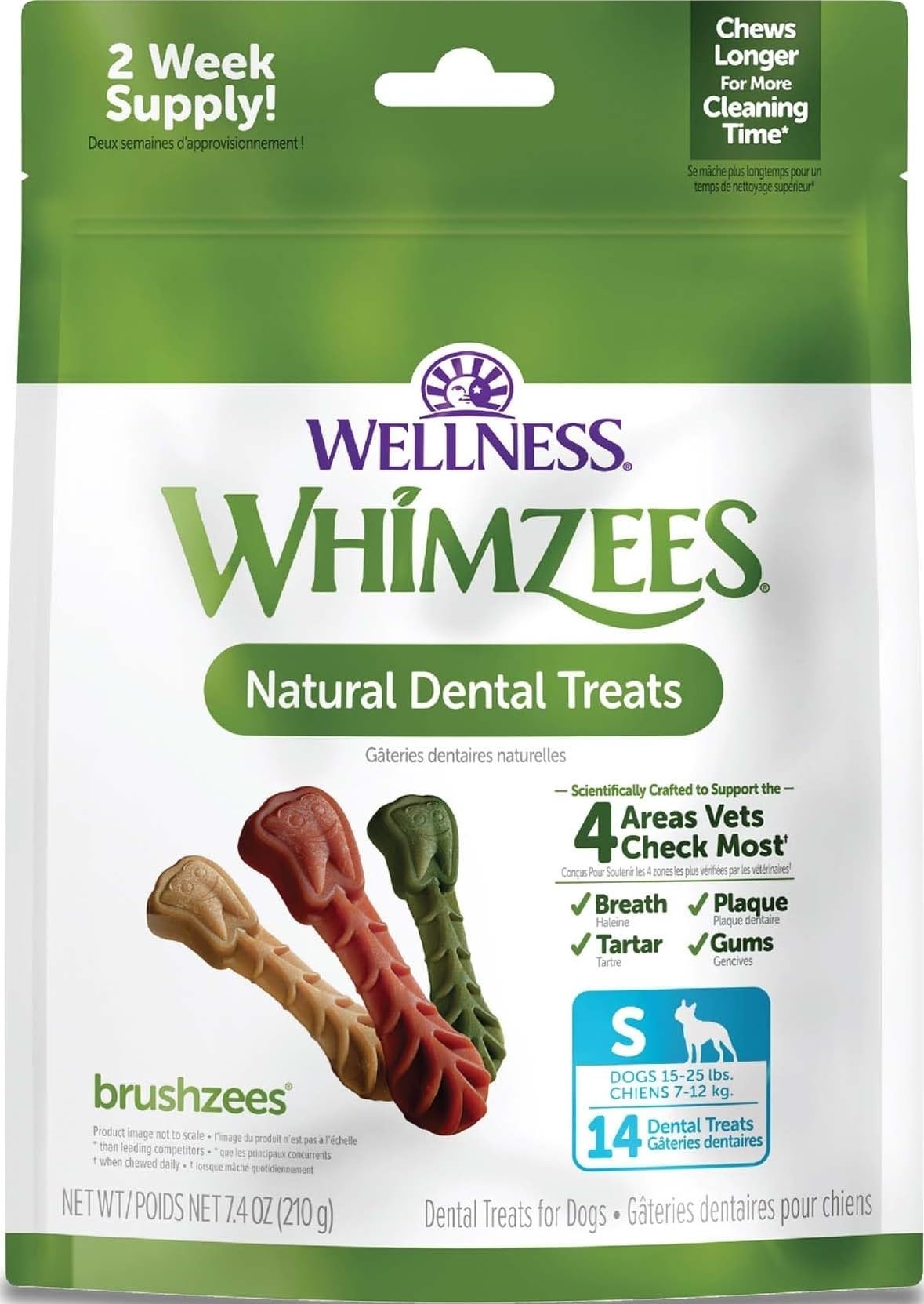 Wellness WHIMZEES Daily Brushzees Natural Dog Dental Treat, VOHC Accepted Chews, Freshens Breath, Small Size, 7.4 oz Bag, 14 Count