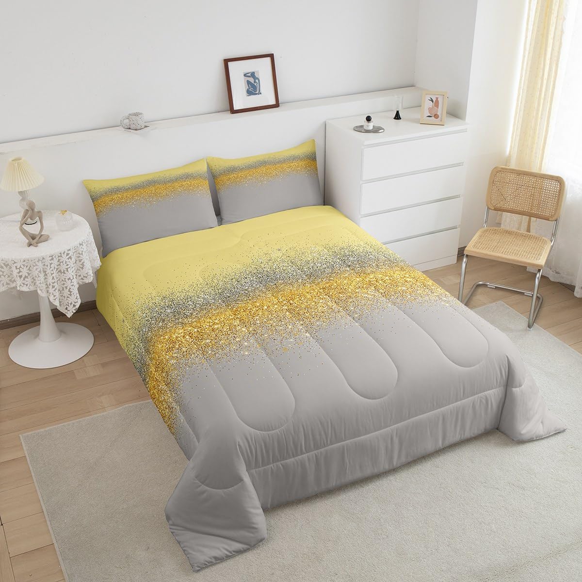 Solid Color Splicing Comforter King Size Set Gradient 3 Pieces Lightweight Bed Duvet Comforter Fashion Modern Bedding Comforters & Sets Woman Man Soft All Season Quilt Yellow&Grey