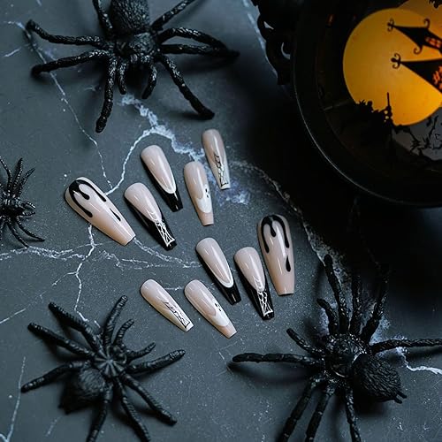 Miniatura 2 de 24 uñas postizas de Halloween a presión con punta francesa, uñas postizas largas de ataúd, uñas postizas de cobertura completa con tela de araña y