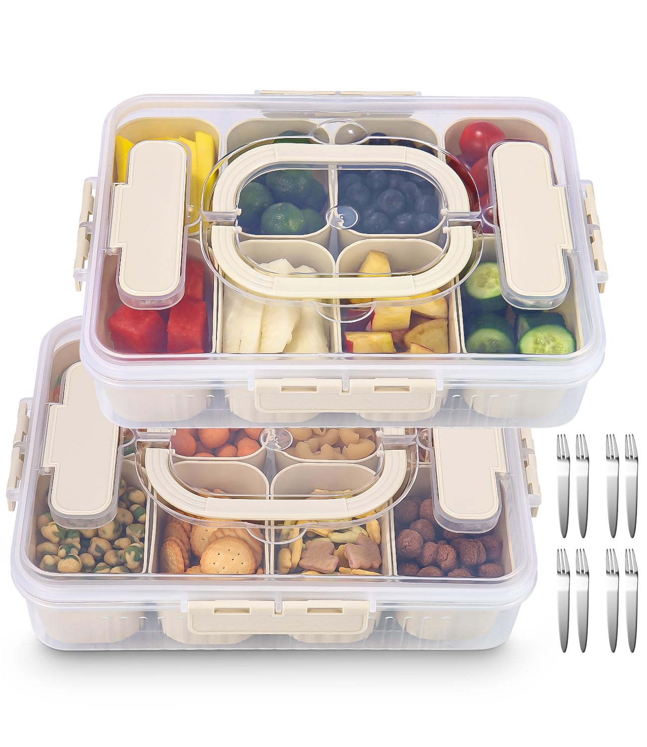 2 Packungen Snackbox mit Fächern mit 8 Gabeln, Snackteller mit Deckel mit 16 Fächern und Griffen, Snackbox mit Fächern Kinder, Wird Verwendet, um Süßigkeiten, Früchte, Kekse und Gewürze Aufzubewahren