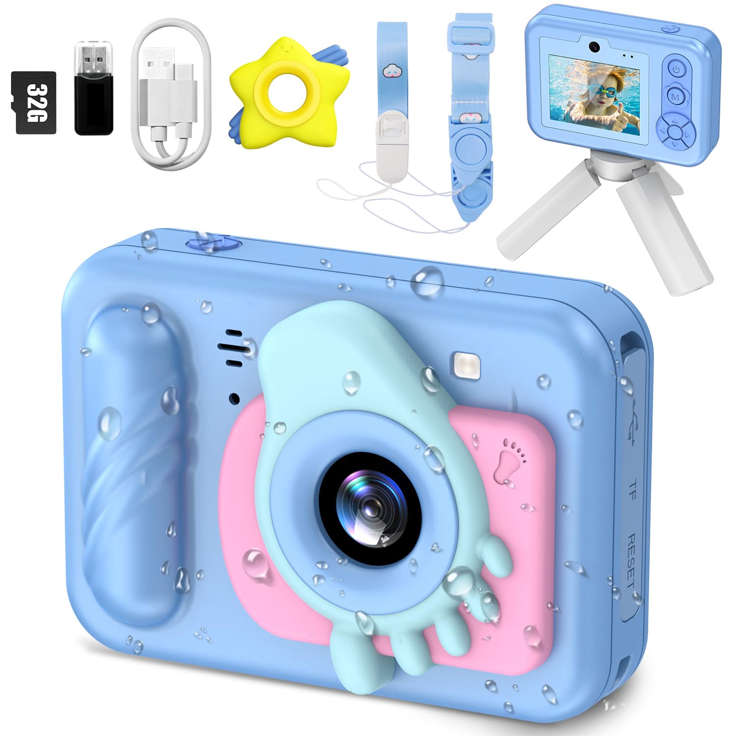 Caméra sous-marine étanche pour enfants, appareil photo numérique HD pour tout-petits avec enregistrement vidéo 1080p, cadeau d'anniversaire idéal pour garçons et filles de 3 à 12 ans avec carte de 32