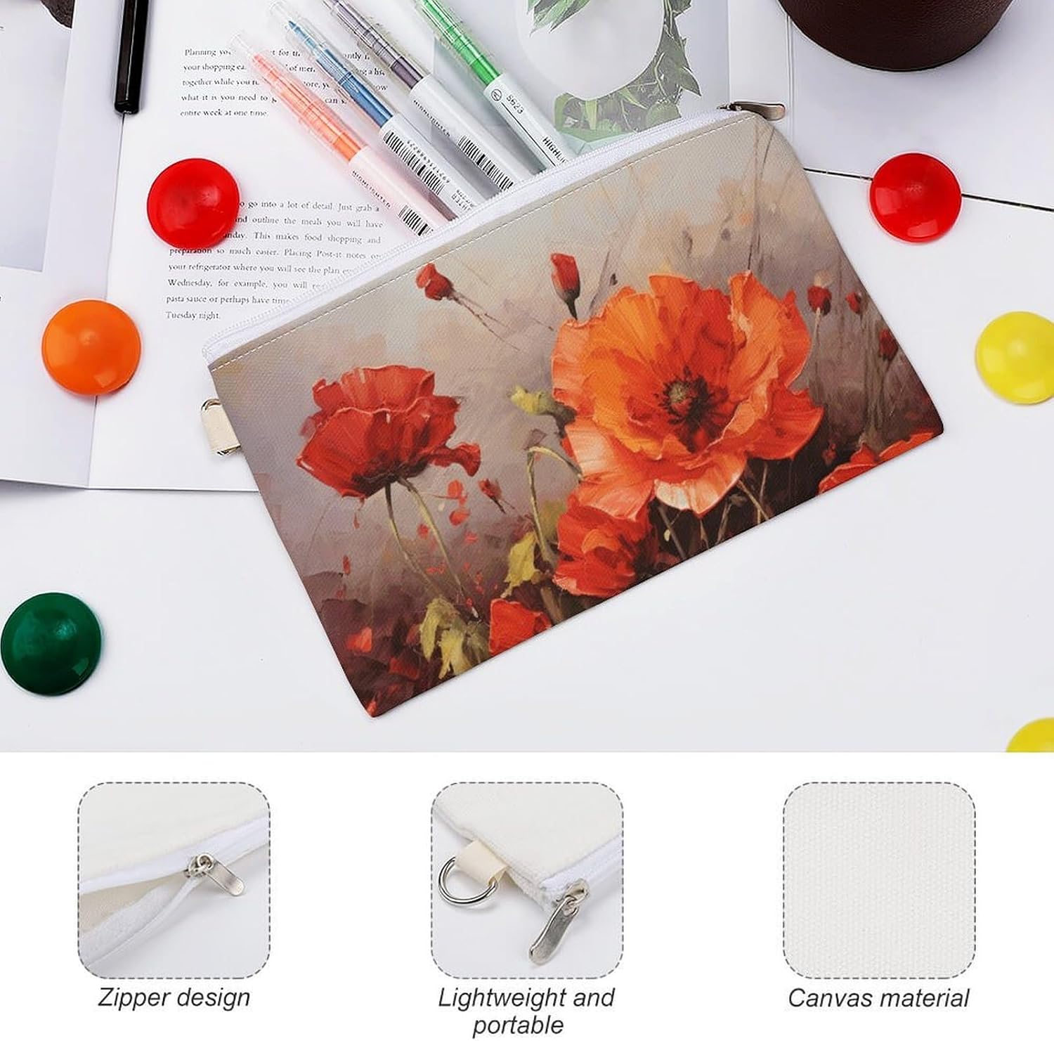Oil Painting Red Flower Coin Purse Zero Wallet with Zipper Canvas Coin Pouch Change Purse Pouch Coin Wallet Coin Bag