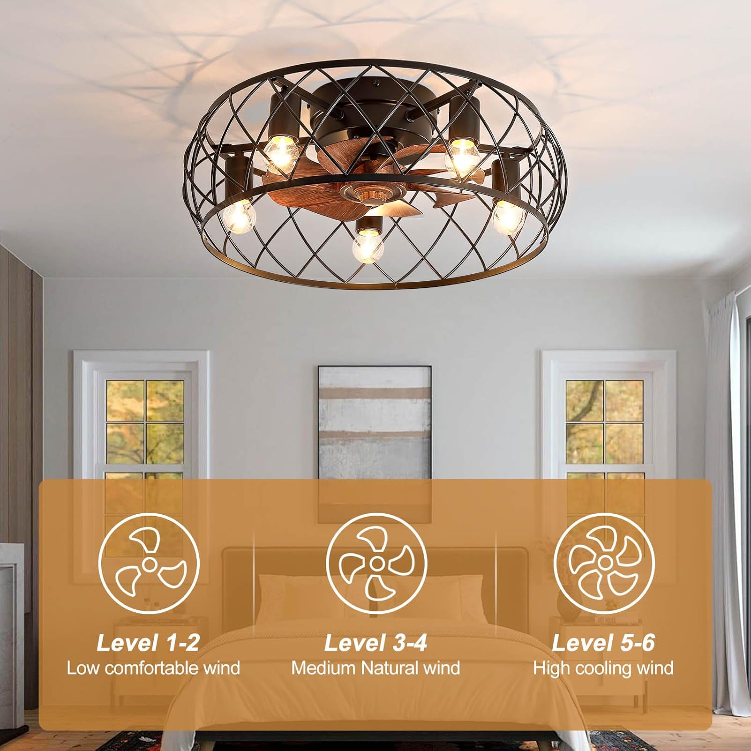 Fandelier Ceiling Fan with Light and Remote,19.7 inch Caged Ceiling Fans with Lights Flush Mount, Farmhouse Bladeless Ceiling Fans with Lights for Low Profile Kitchen,Bedroom
