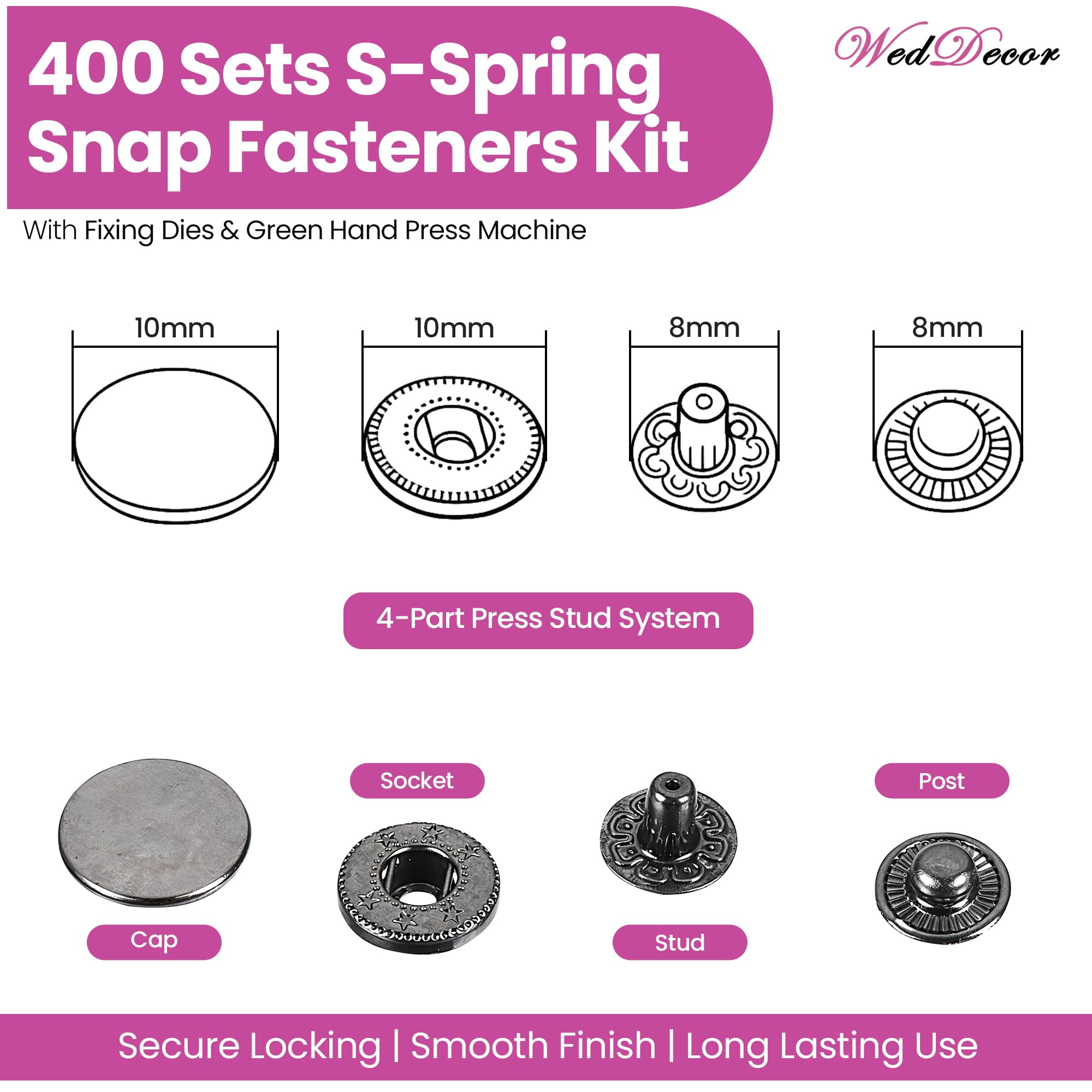 WedDecor Juego de 400 botones de presión de resorte S de 10 mm, botones de metal sin coser con troqueles de fijación y prensa manual de máquina verde para manualidades, chaquetas de tela, cuero,