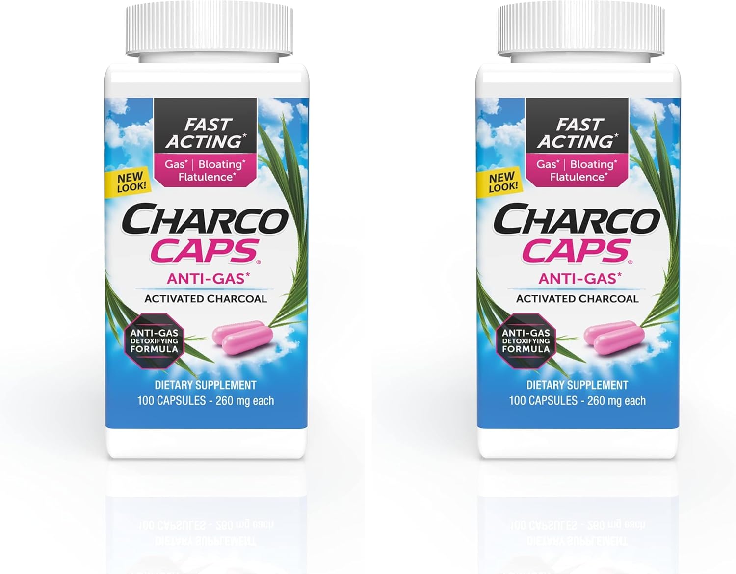 Charcocaps Fast Acting Gas Relief for Bloating & Flatulence,Drug Free Detoxifying Activated Charcoal Formula,100 Capsules,30 Day Supply,Pink,(Pack of 2)