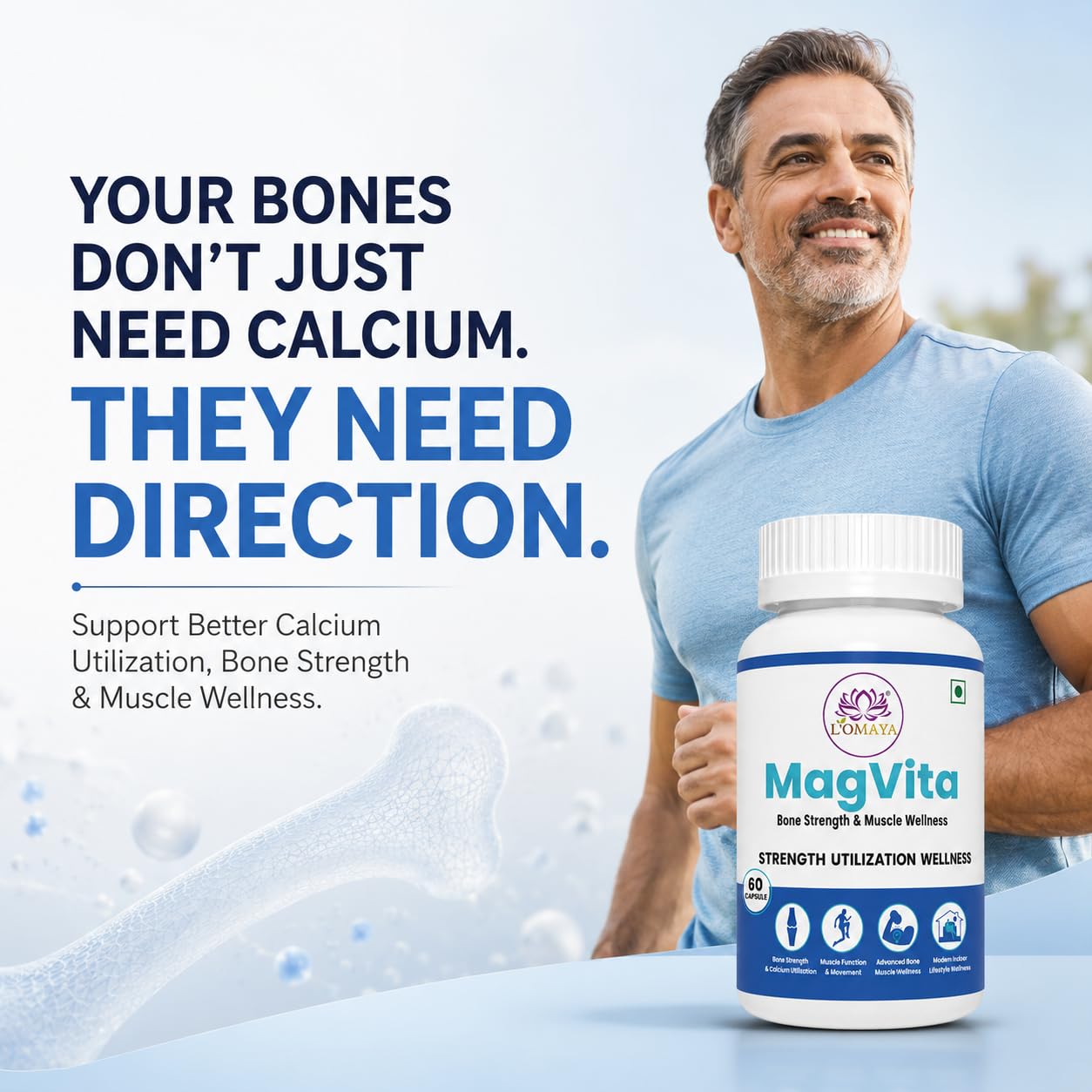 L'Omaya MagVita Magnesium Glycinate with Vitamin D3 & K2-7 MK7 | Bone Strength, Muscle Function & Calcium Absorption Support | Magnesium Supplement for Bones & Muscles | 60 Capsules (Pack of 1) — Amazon image 2
