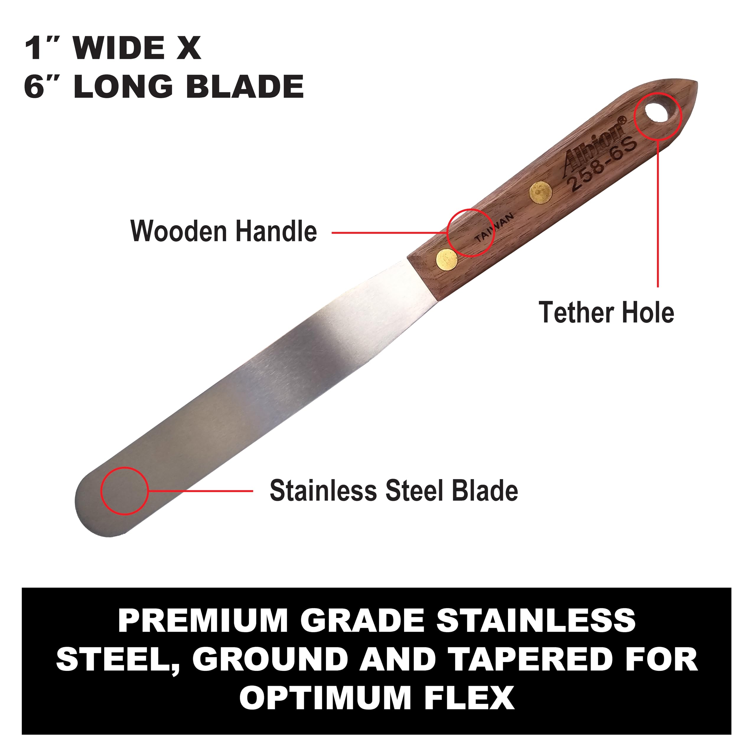 Albion Engineering Company 258-6S Classic Spatula, Stainless Steel, Hardwood Handle, 1" Wide Tip x 6" Long Blade