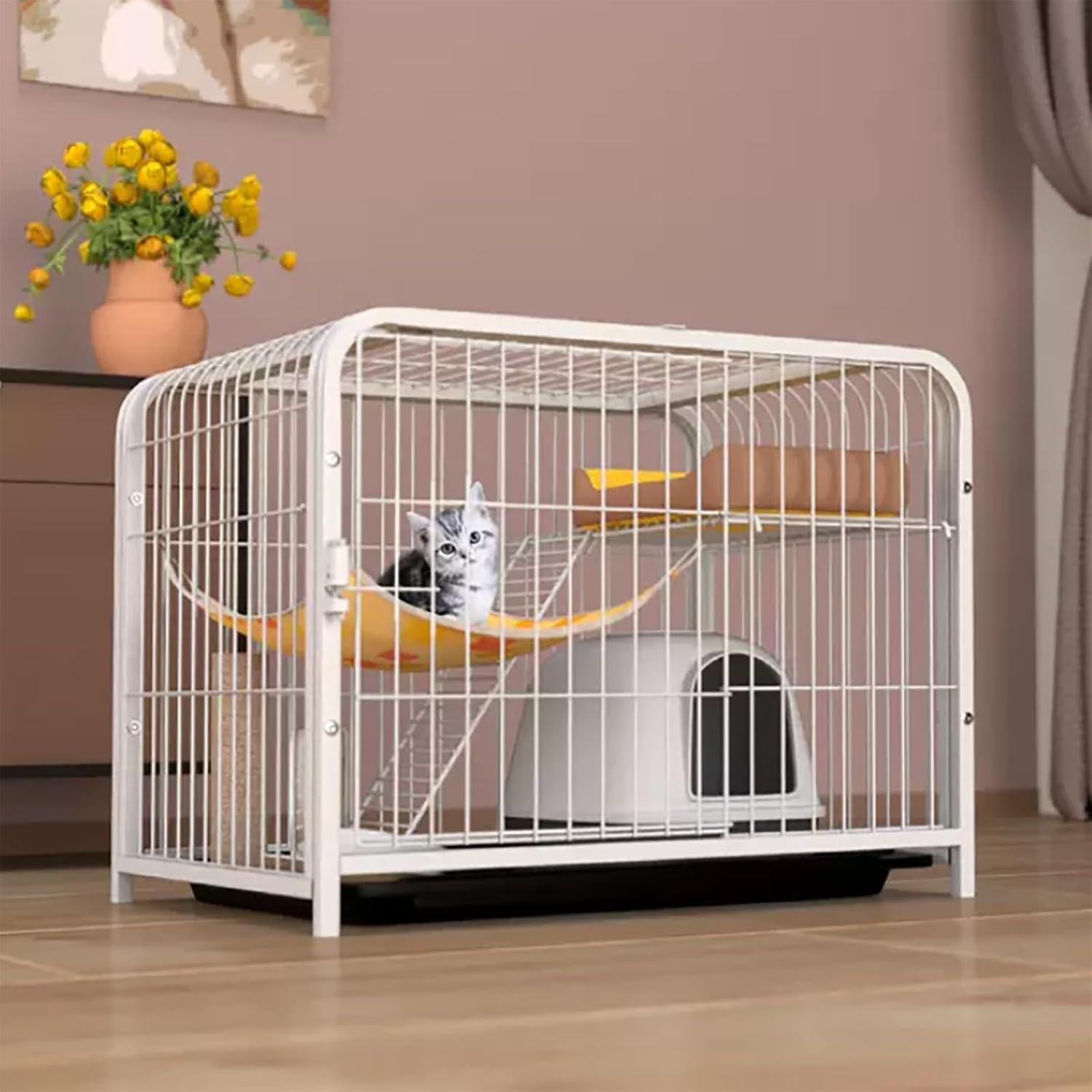 Indoor Cat Cage, Cat Enclosures, Wire Kennel with Cat Hammock, Tray, Litter Tray, for 1-2 Cats, Ferrets, Chinchillas, Rabbits, Puppy, Small Animals,White-60 * 40 * 47cm/24 * 16 * 18in