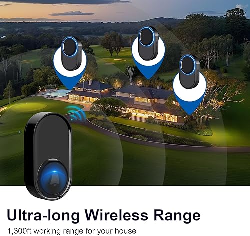 Miniatura 5 de Timbre inalámbrico con 3 receptores, 1 botón, timbre de puerta inalámbrico  Rango de 1300 pies, 58 melodías, 5 niveles de volumen, flash LED