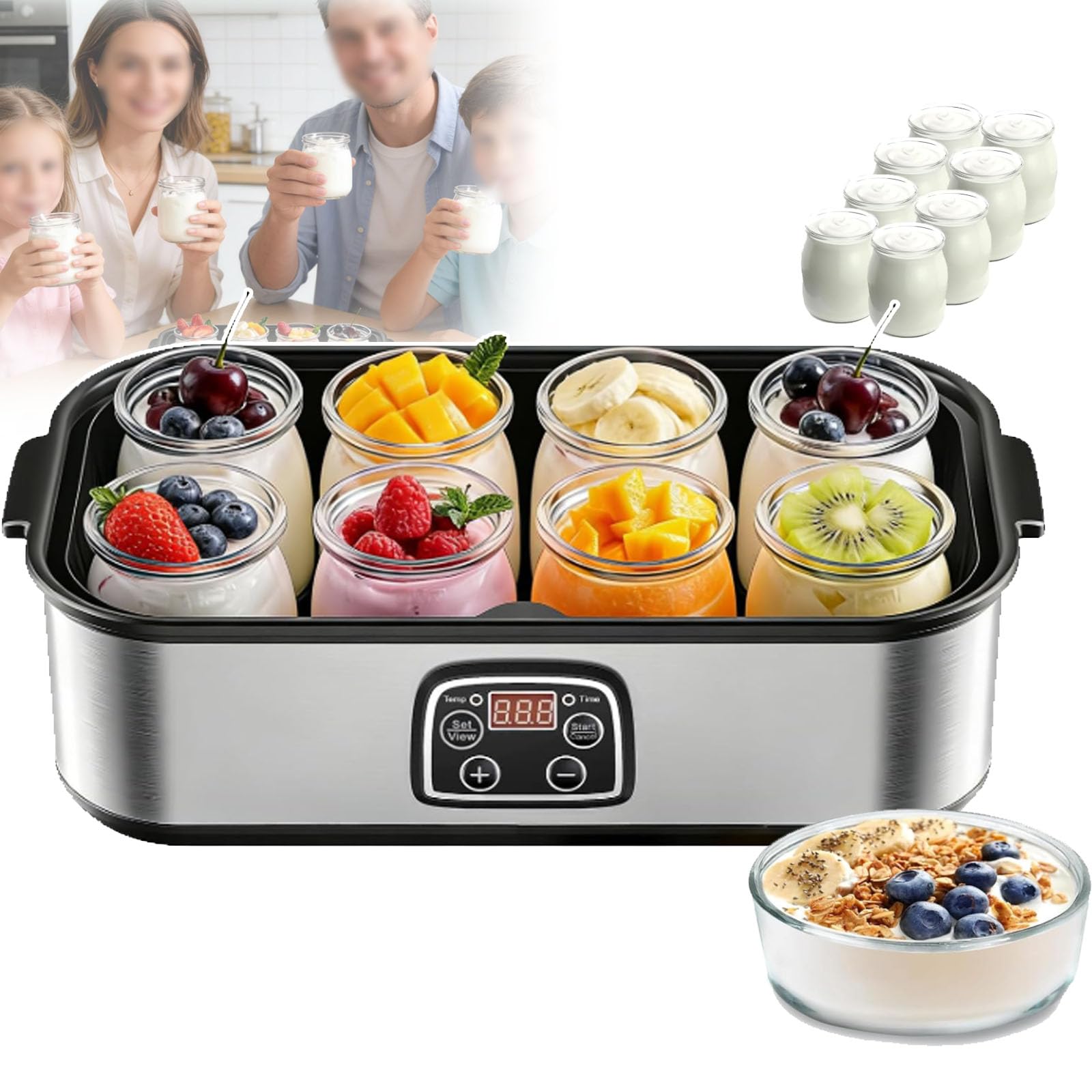 Yaourtière De 1400 Ml, Avec 8 Pots En Verre De 170 G, Écran LED, Température Et Minuterie Réglables, Pour La Fabrication De Yaourts Bio, De Natto Et Pour Un Usage Commercial.,A