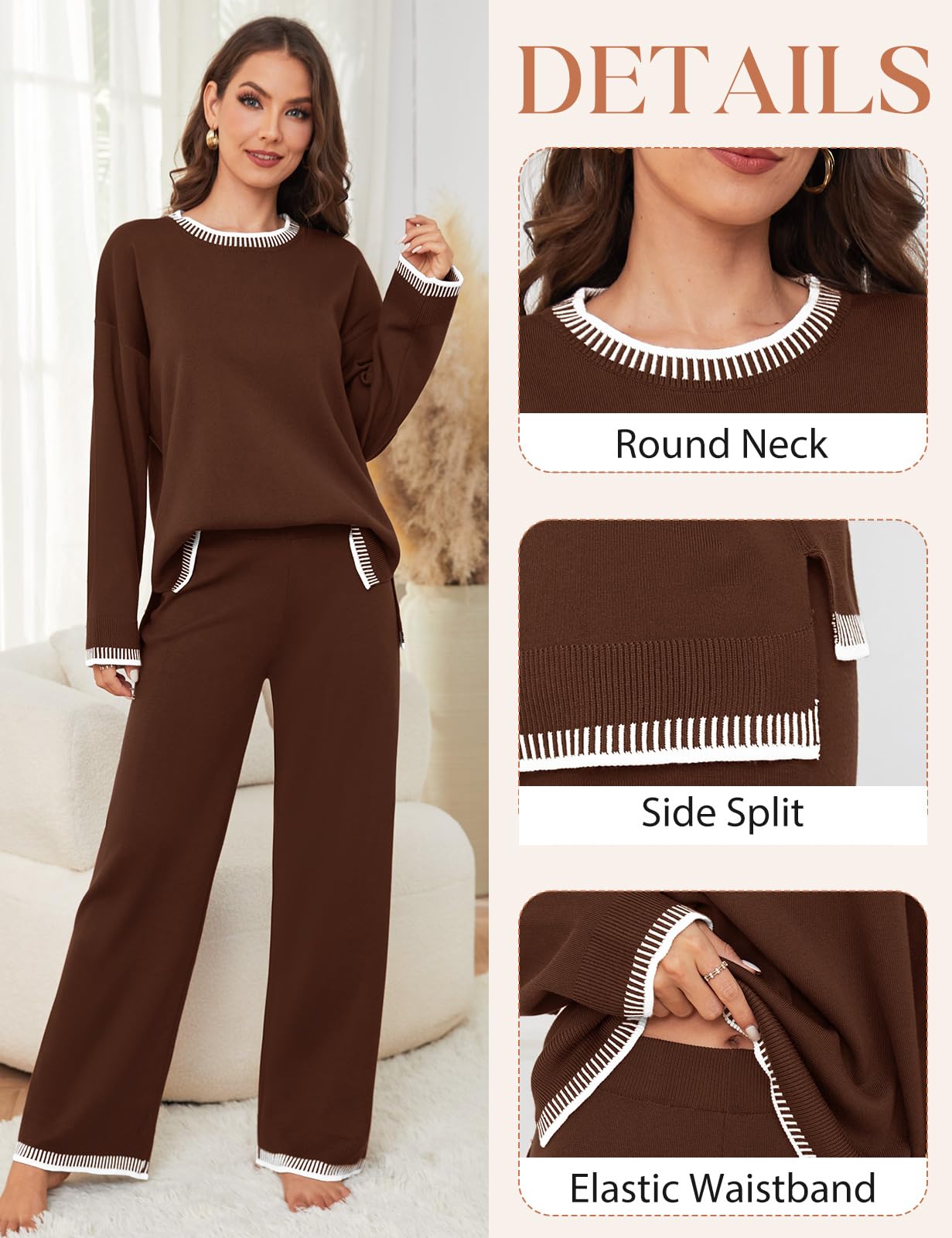 Xnova Completi Tuta in Maglia Donna 2 Pezzi Set, Loungewear Pantaloni a Gamba Larga e Maglia A Maniche Lunghe, Tute Maglione e Pantalone Elastico In Vita per Autunnale e Invernale