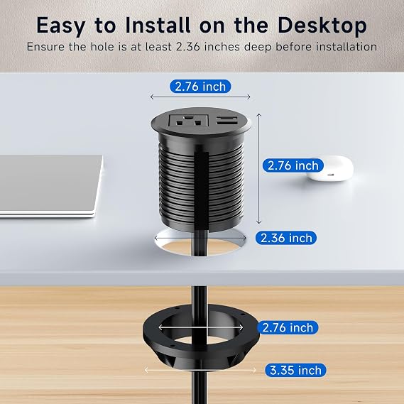Desk Power Grommet Outlet 20W USB-C 1 AC 2.76 inch 6.5FT Cord